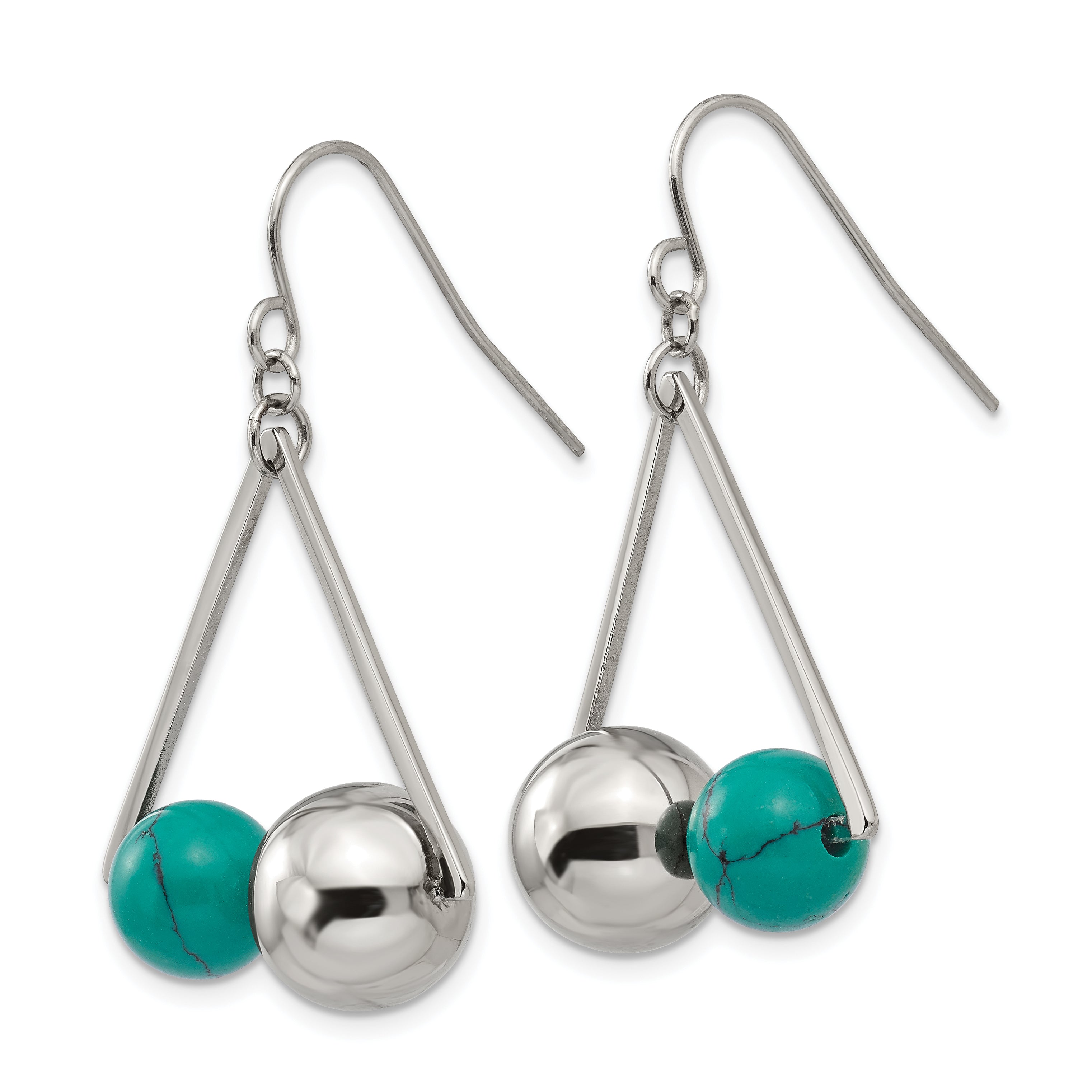 Stainless Steel Polished ImitationTurquoise Bead Triangle Dangle Earrings