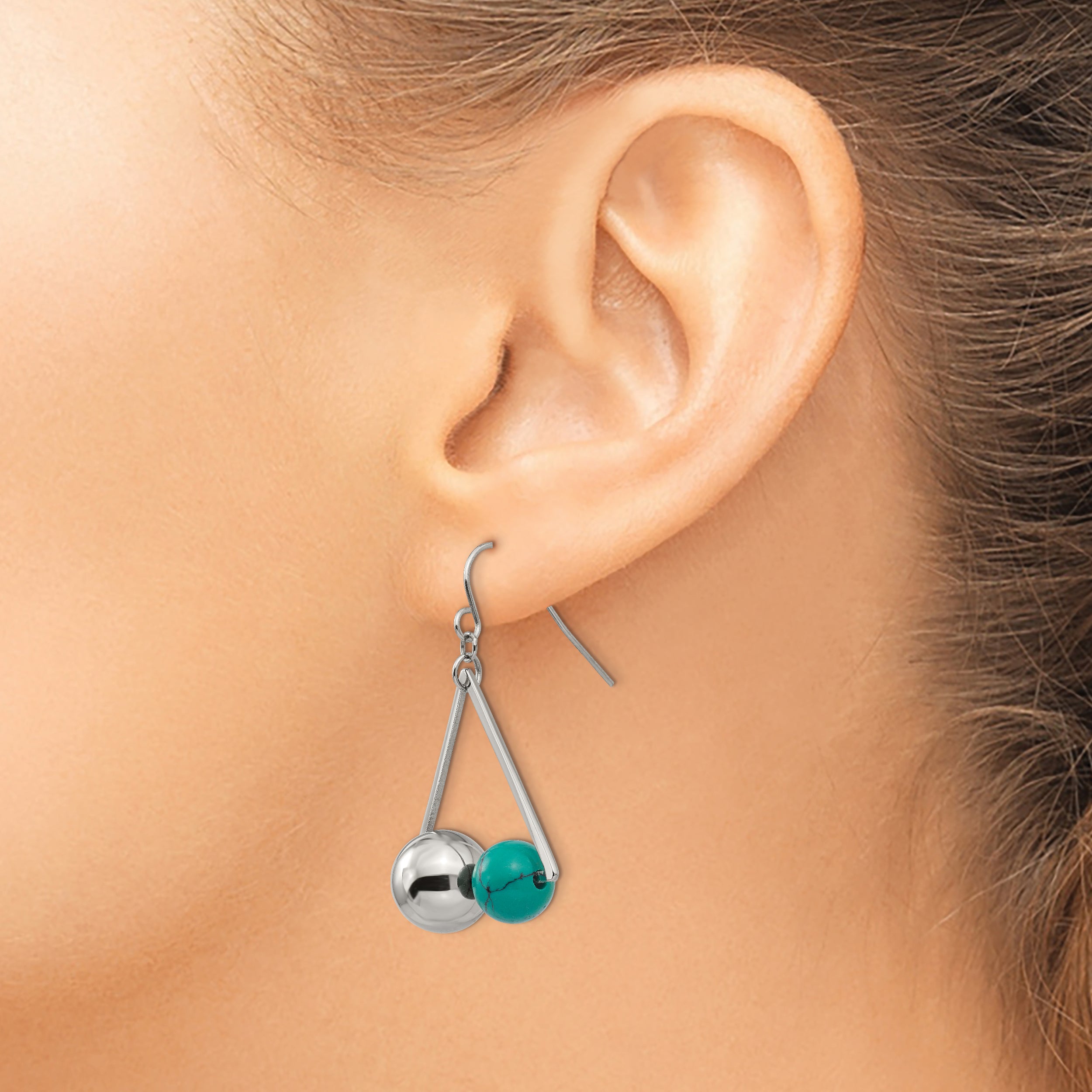 Stainless Steel Polished ImitationTurquoise Bead Triangle Dangle Earrings