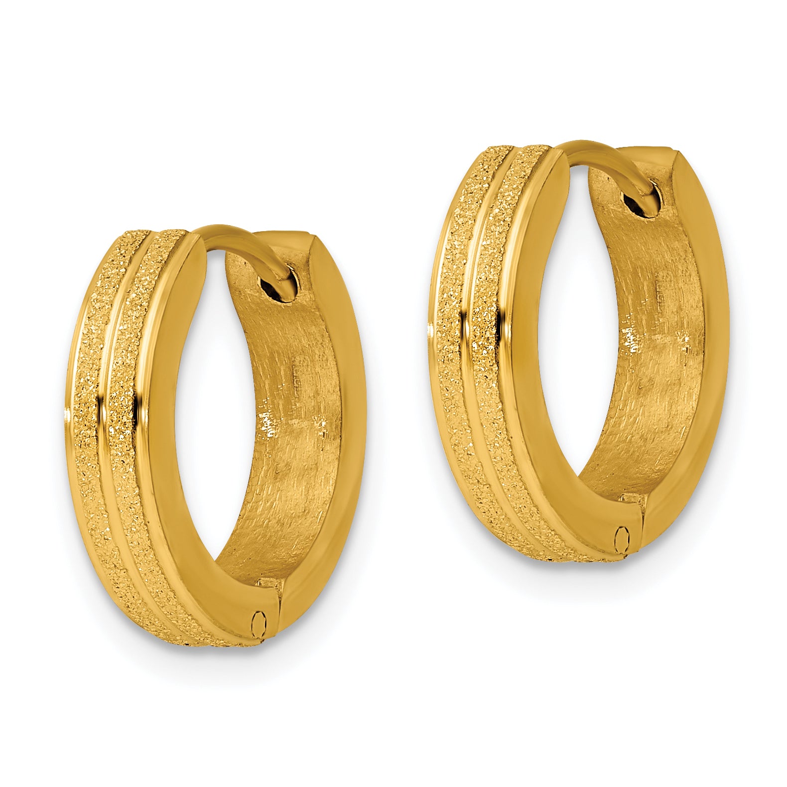 Chisel Stainless Steel Polished Yellow IP-plated Laser cut 4mm Hinged Hoop Earrings