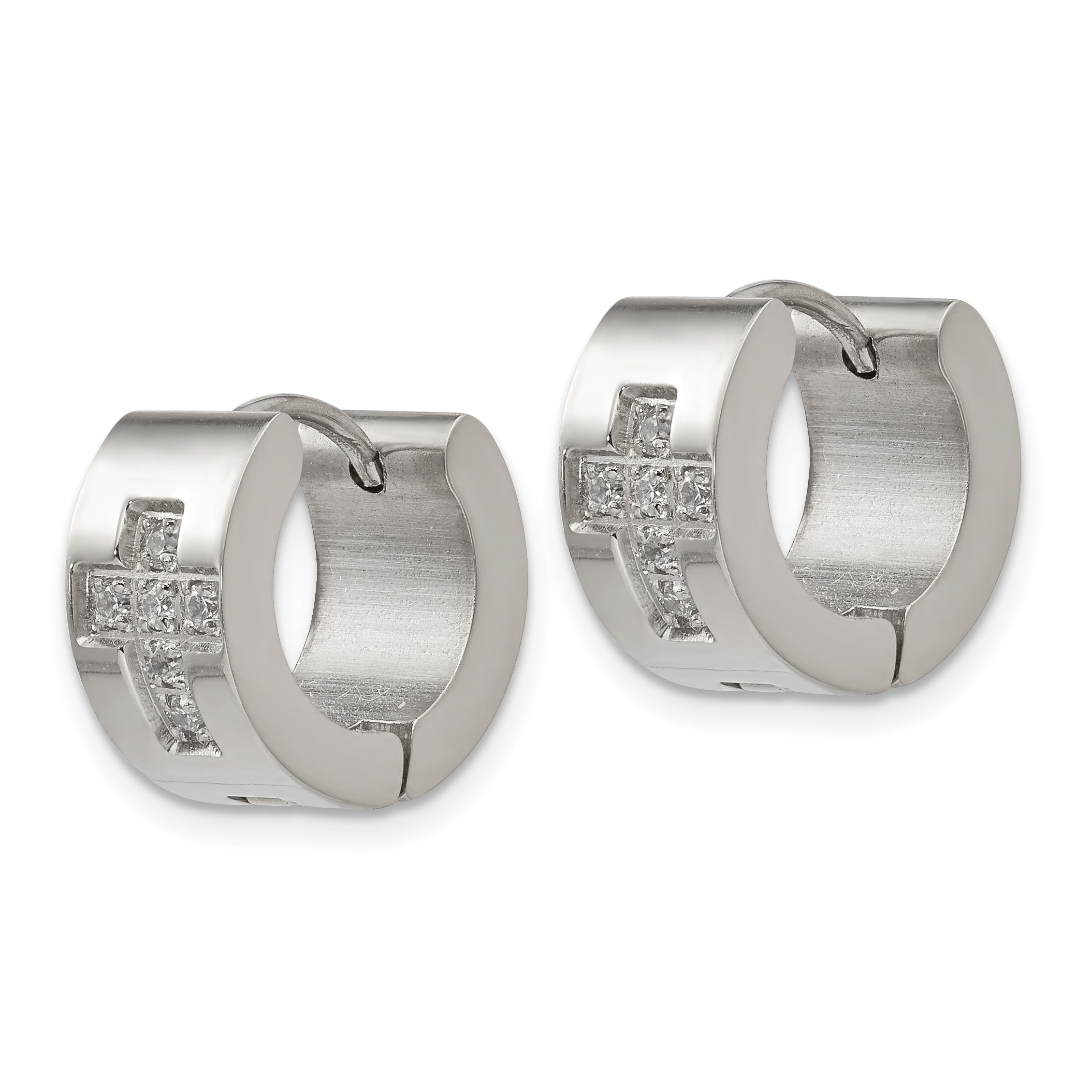 Chisel Stainless Steel Polished with CZ Cross 7mm Hinged Hoop Earrings