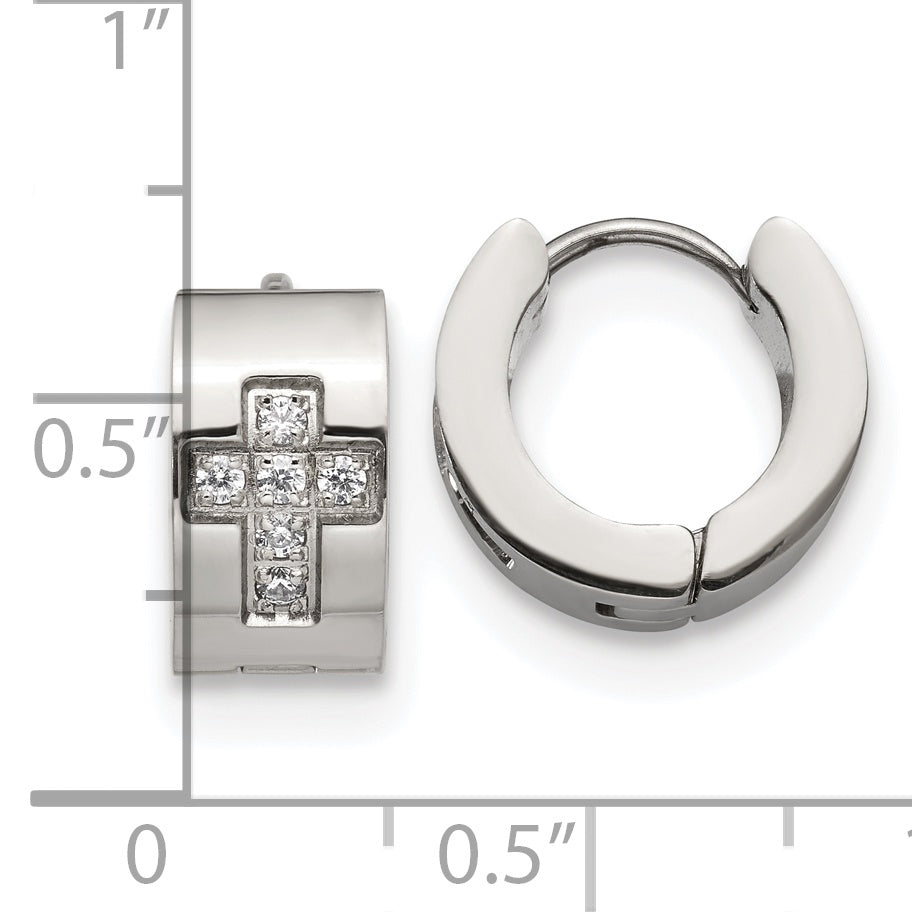 Chisel Stainless Steel Polished with CZ Cross 7mm Hinged Hoop Earrings