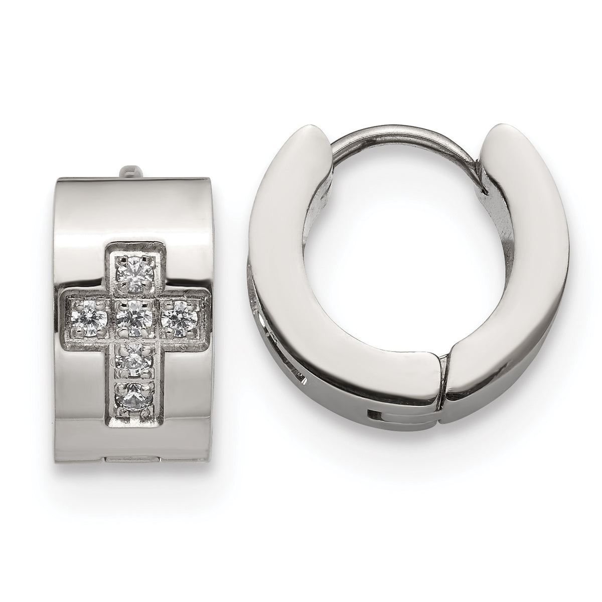 Chisel Stainless Steel Polished with CZ Cross 7mm Hinged Hoop Earrings