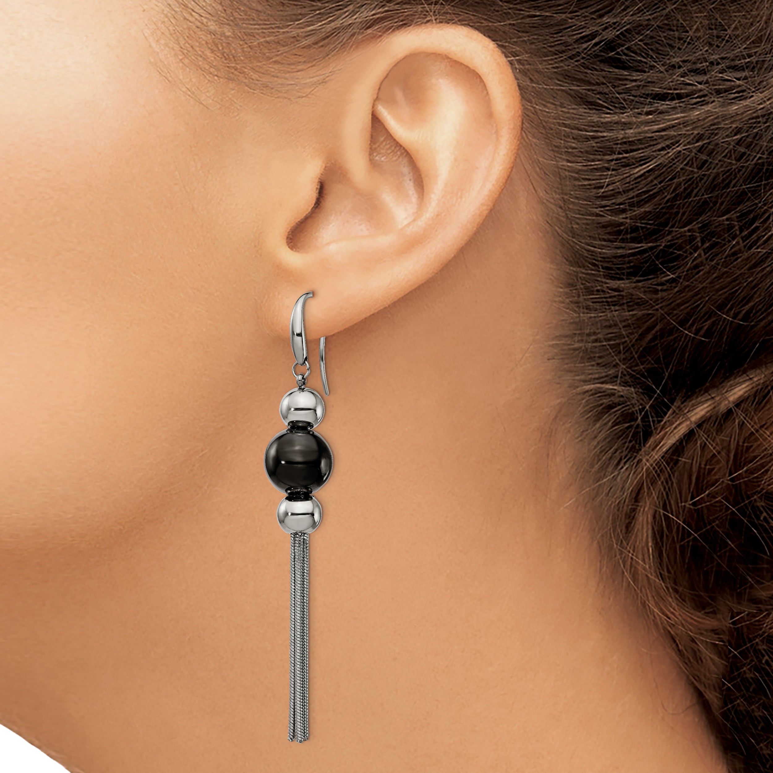 Stainless Steel Polished Black IP-plated Dangle Shepherd Hook Earrings