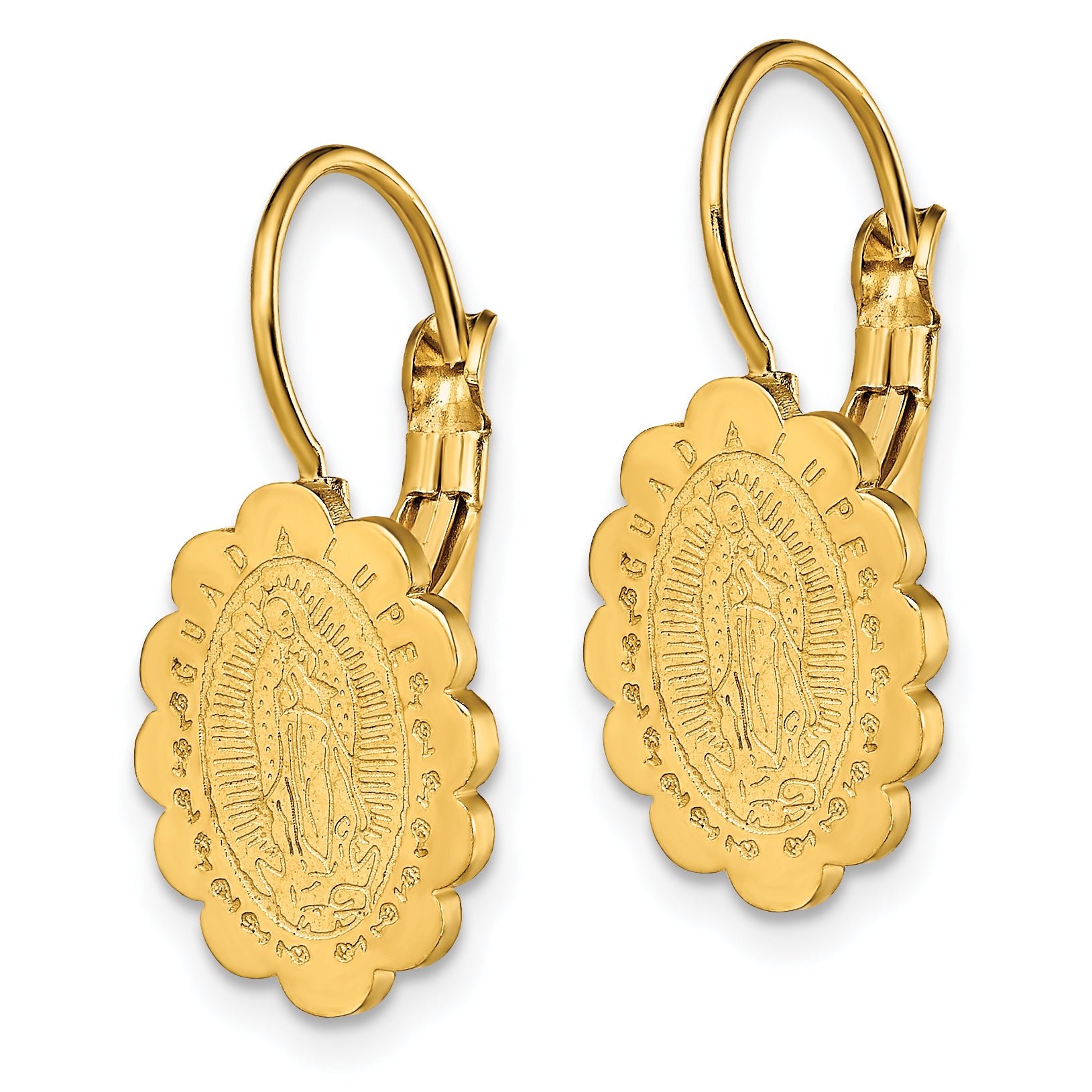 Chisel Stainless Steel Polished Yellow IP-plated Etched Our Lady of Guadalupe Omega Back Earrings