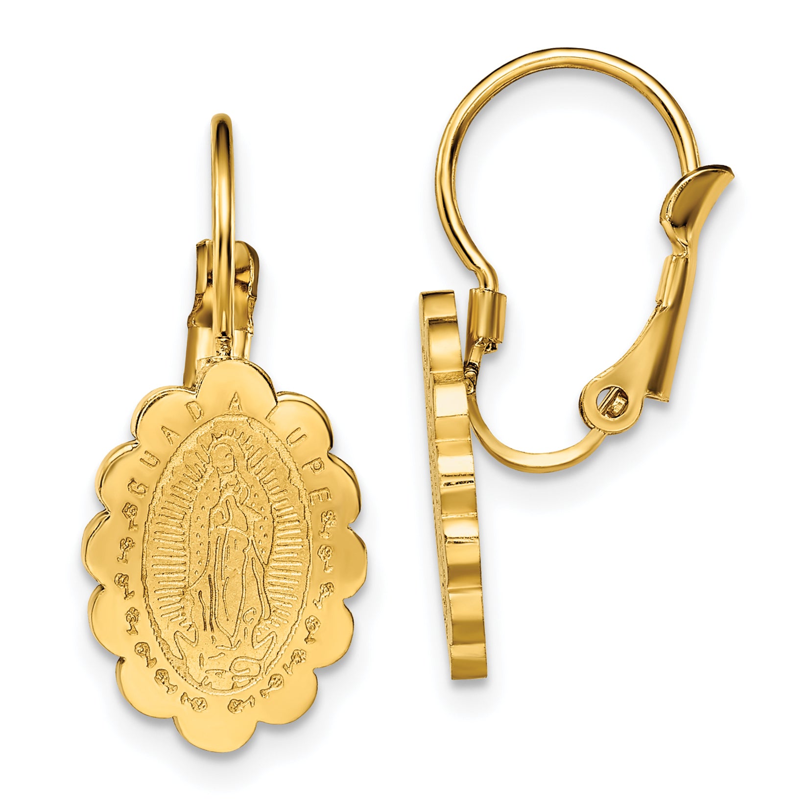 Chisel Stainless Steel Polished Yellow IP-plated Etched Our Lady of Guadalupe Omega Back Earrings