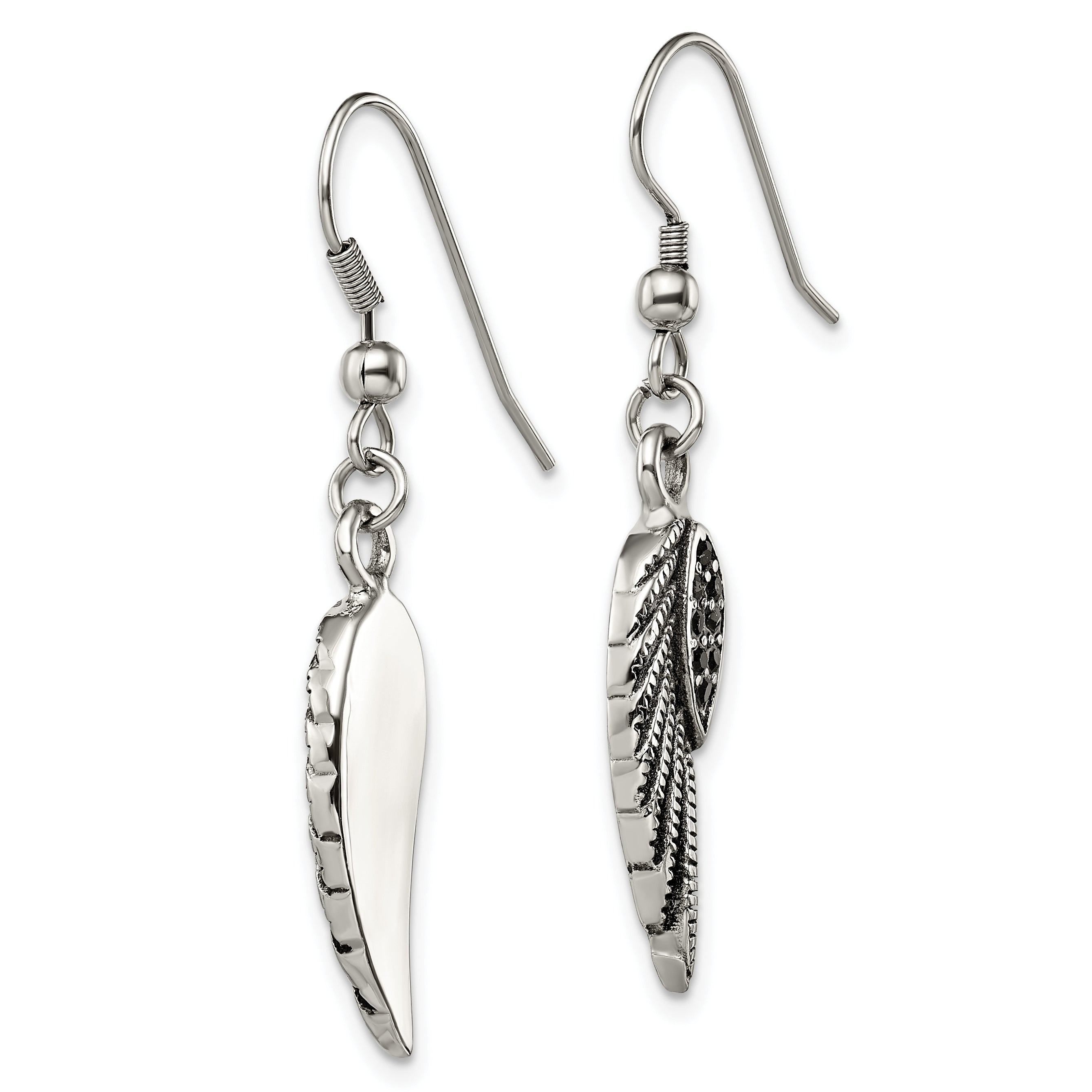 Chisel Stainless Steel Antiqued and Polished with Black Crystal Wings Shepherd Hook Dangle Earrings