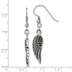 Chisel Stainless Steel Antiqued and Polished with Black Crystal Wings Shepherd Hook Dangle Earrings