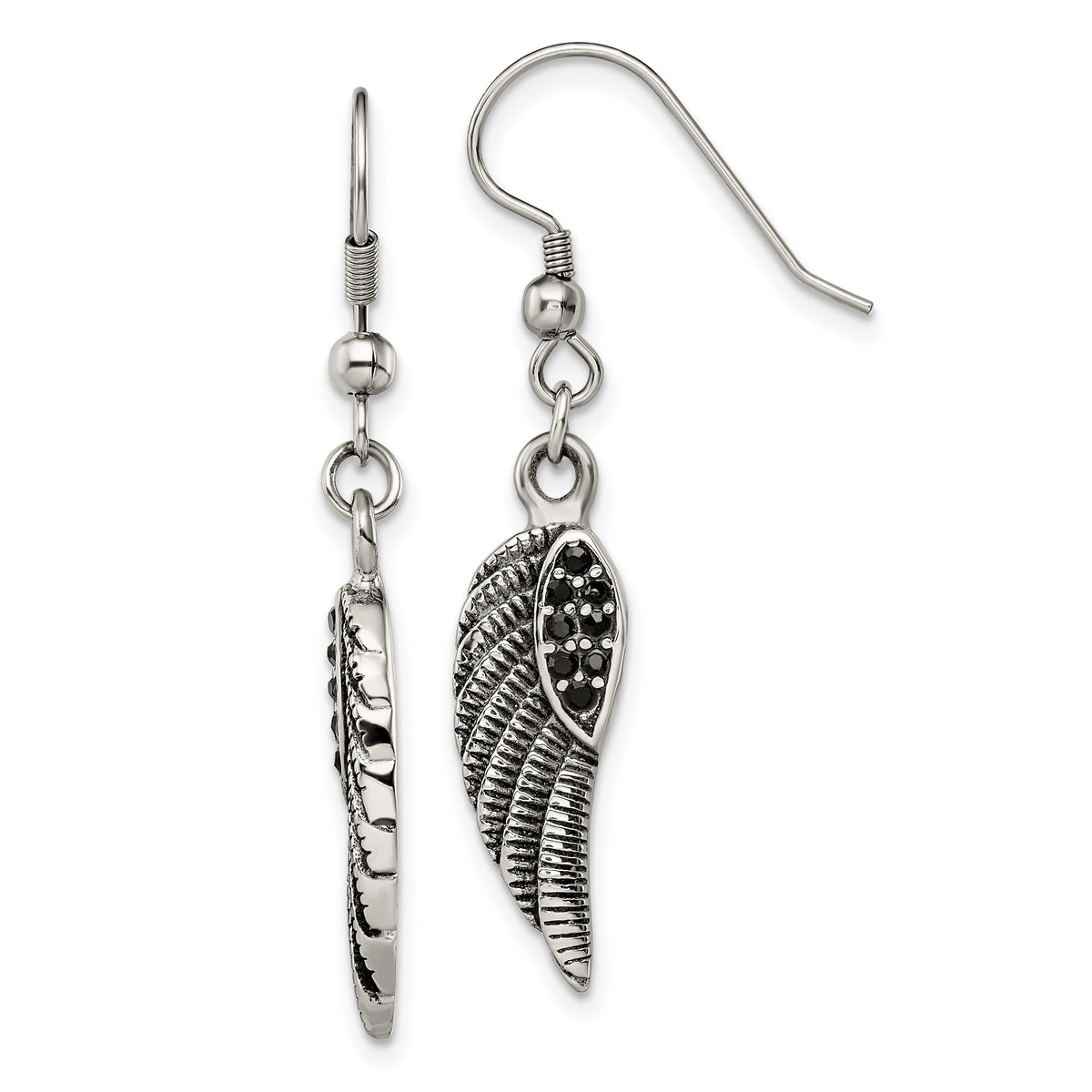 Chisel Stainless Steel Antiqued and Polished with Black Crystal Wings Shepherd Hook Dangle Earrings