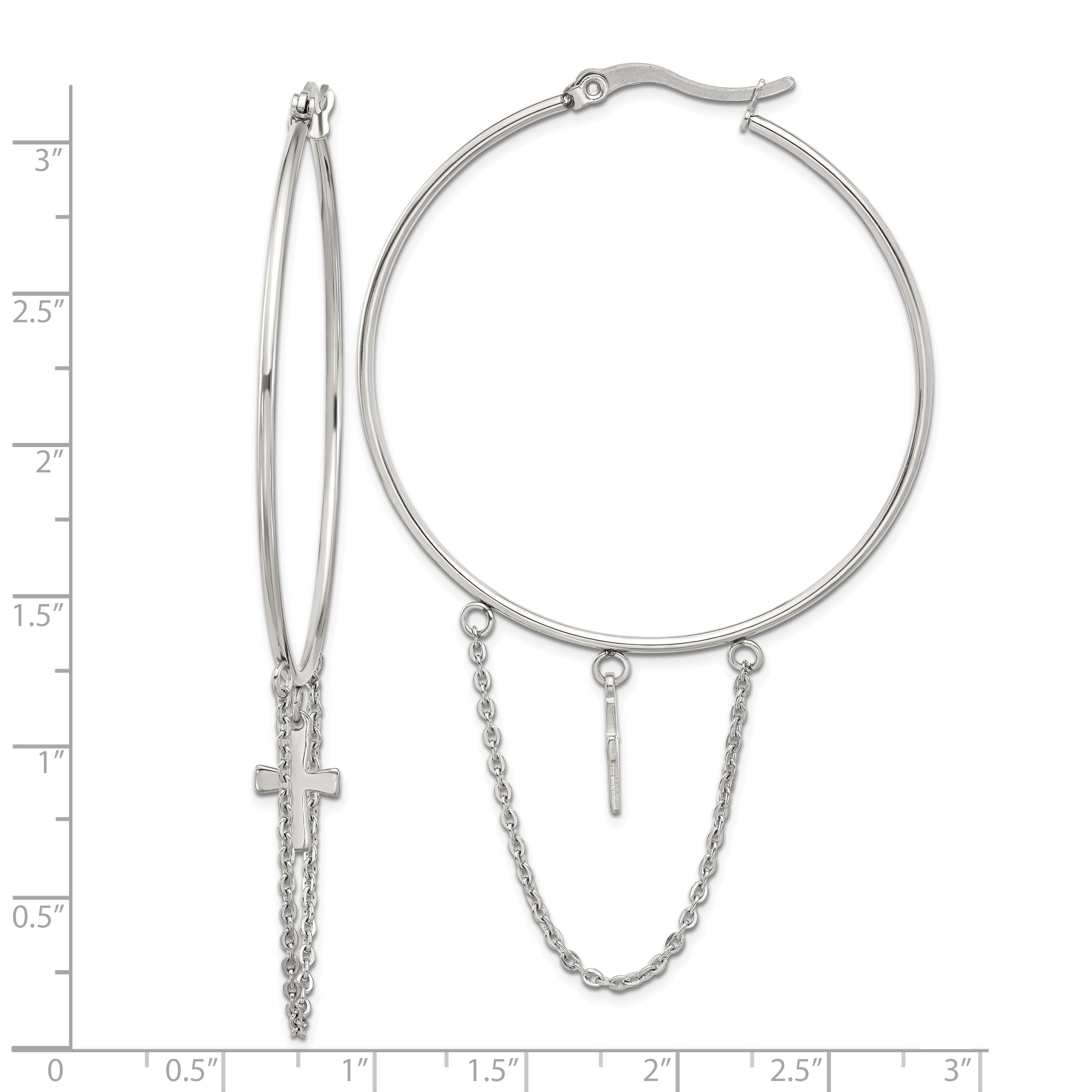 Chisel Stainless Steel Polished Chain and Cross Dangle Hoop Earrings