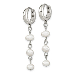 Chisel Stainless Steel Polished with Freshwater Cultured Pearl Dangle Hinged Hoop Earrings