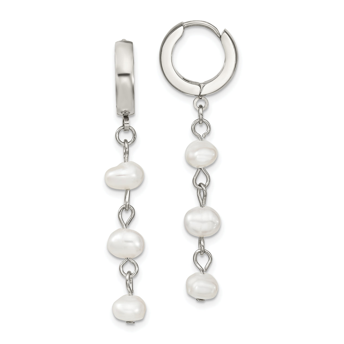 Chisel Stainless Steel Polished with Freshwater Cultured Pearl Dangle Hinged Hoop Earrings