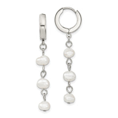 Chisel Stainless Steel Polished with Freshwater Cultured Pearl Dangle Hinged Hoop Earrings