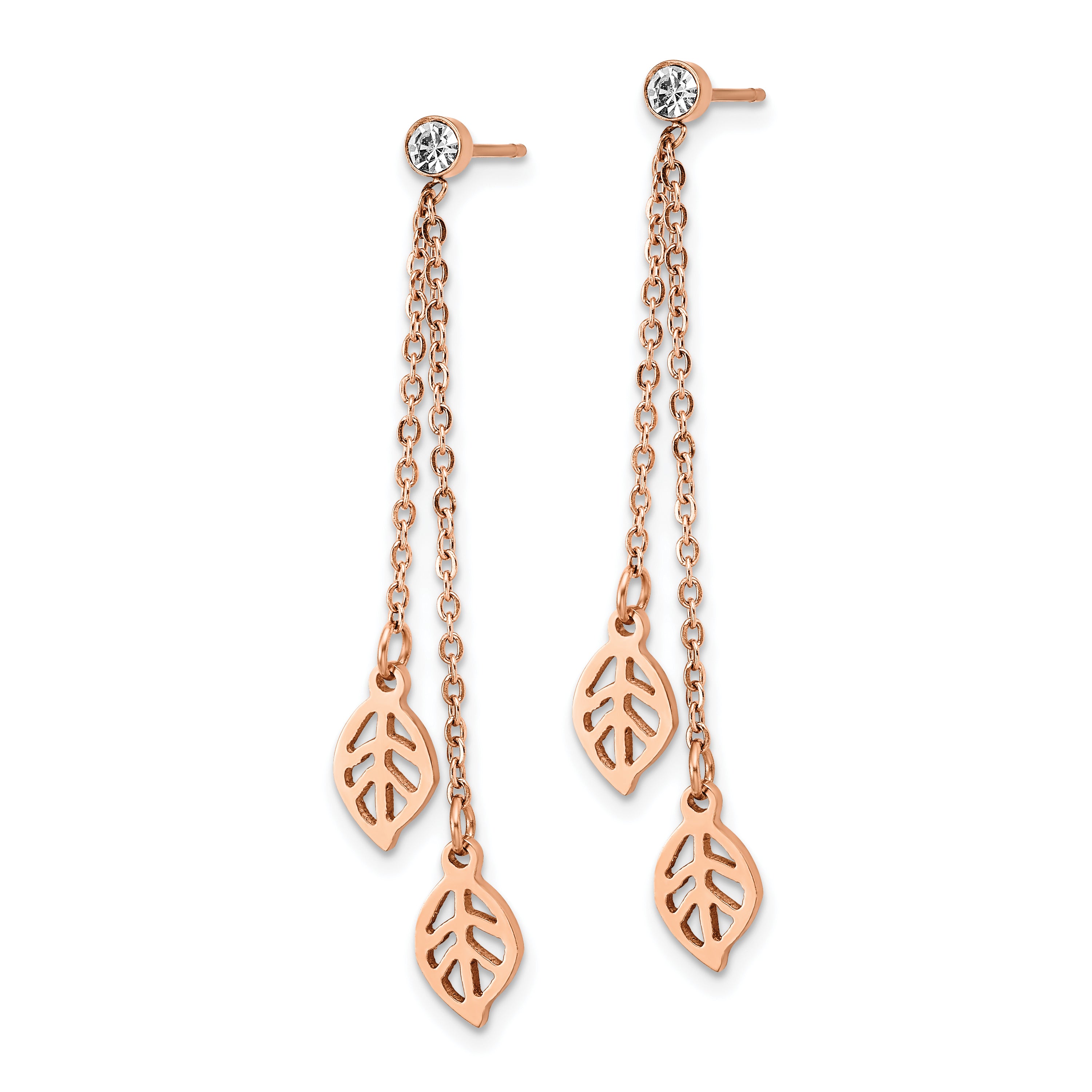 Chisel Stainless Steel Polished Rose IP-plated with CZ Leaf Post Dangle Earrings