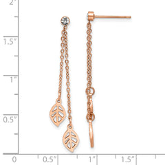 Chisel Stainless Steel Polished Rose IP-plated with CZ Leaf Post Dangle Earrings