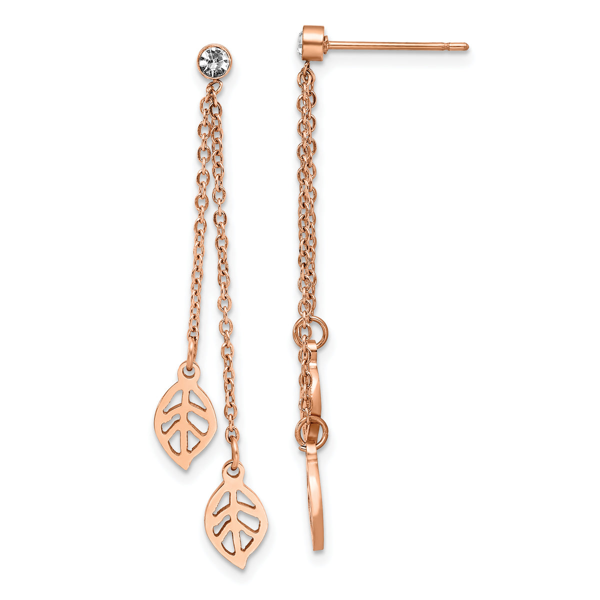 Chisel Stainless Steel Polished Rose IP-plated with CZ Leaf Post Dangle Earrings