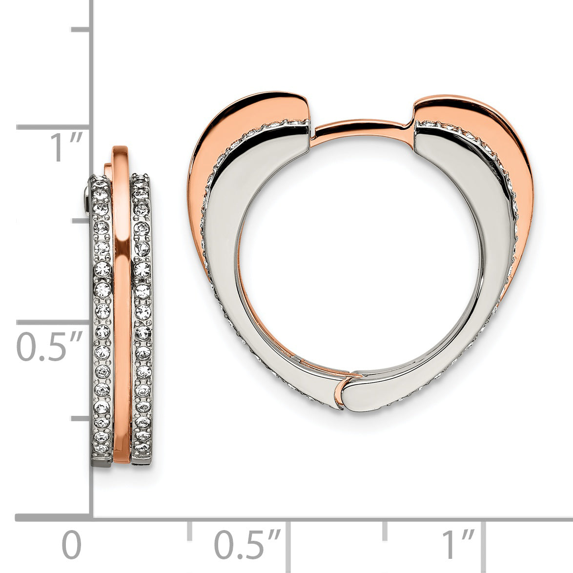 Chisel Stainless Steel Polished Rose IP-plated with Crystal form Swarovski Heart Hinged Hoop Earrings