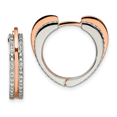 Chisel Stainless Steel Polished Rose IP-plated with Crystal form Swarovski Heart Hinged Hoop Earrings