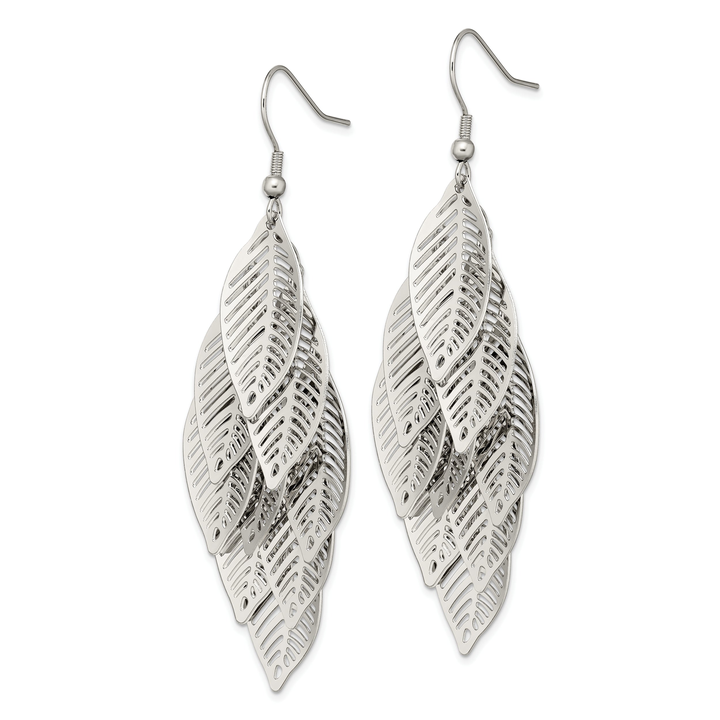 Chisel stainless Steel Polished Leaves Dangle Shepherd Hook Earrings