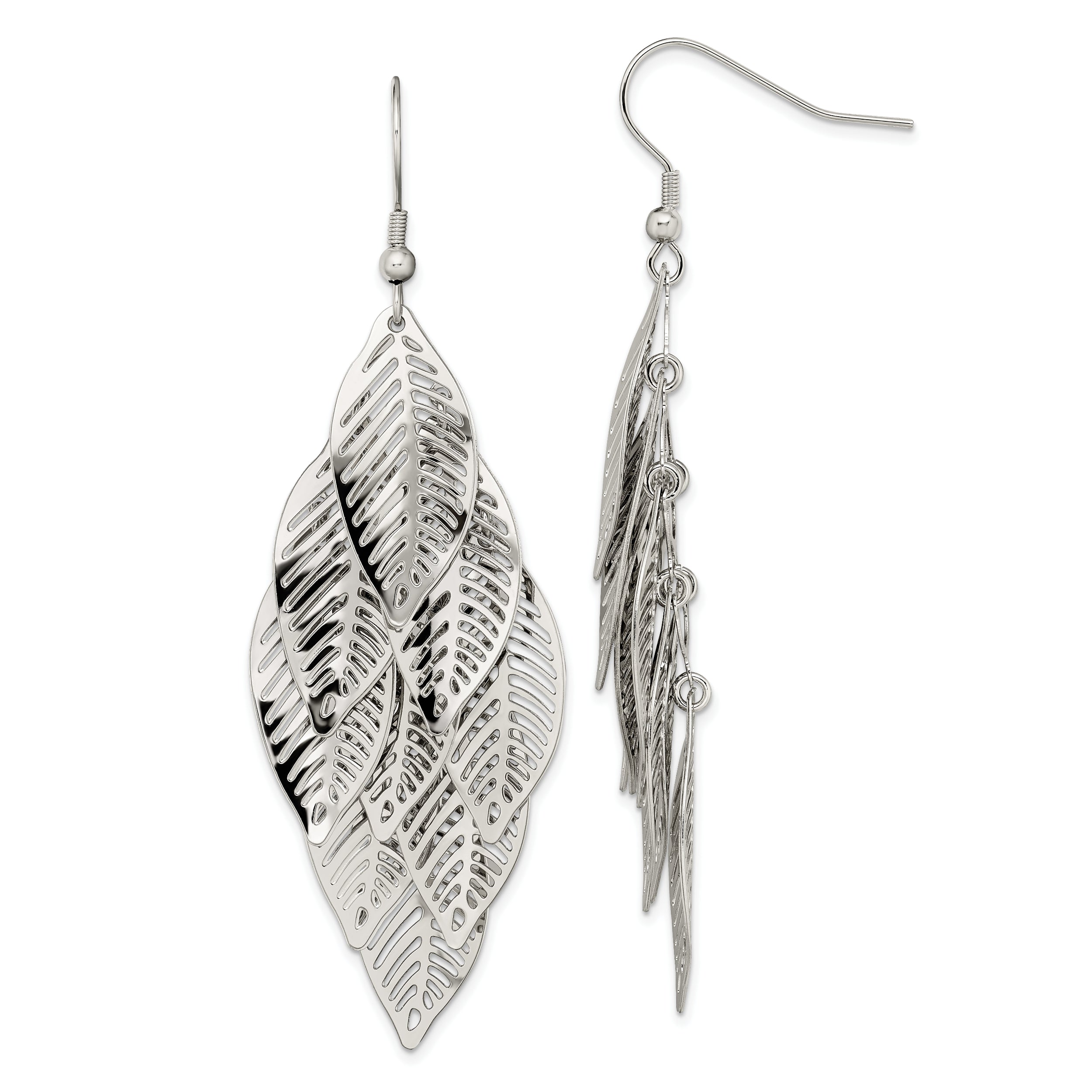 Chisel stainless Steel Polished Leaves Dangle Shepherd Hook Earrings