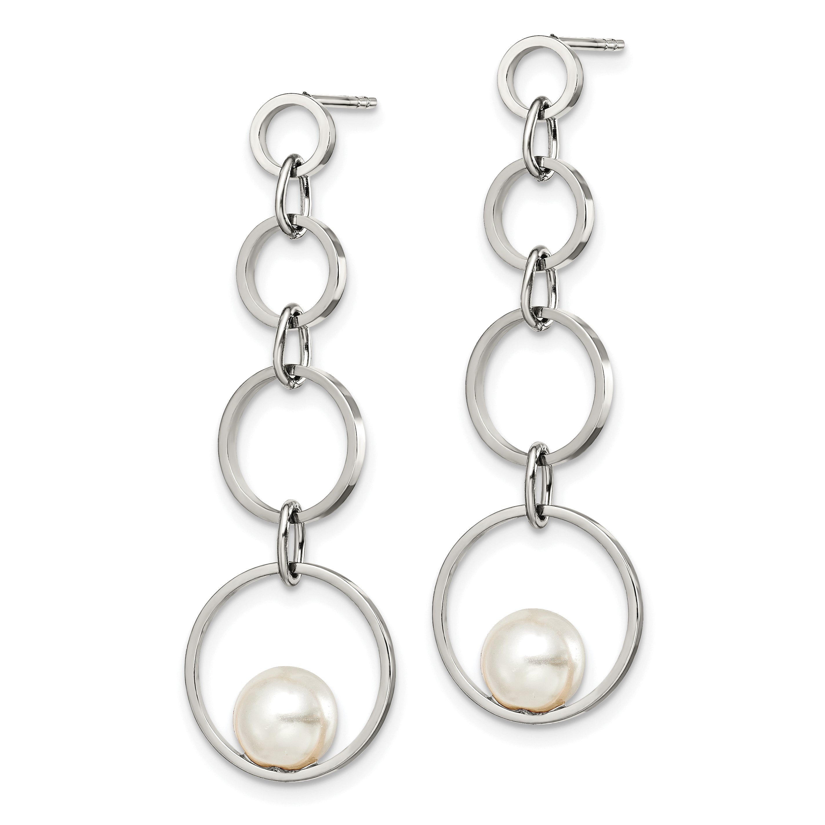 Stainless Steel Polished with Simulated Pearl Post Dangle Earrings