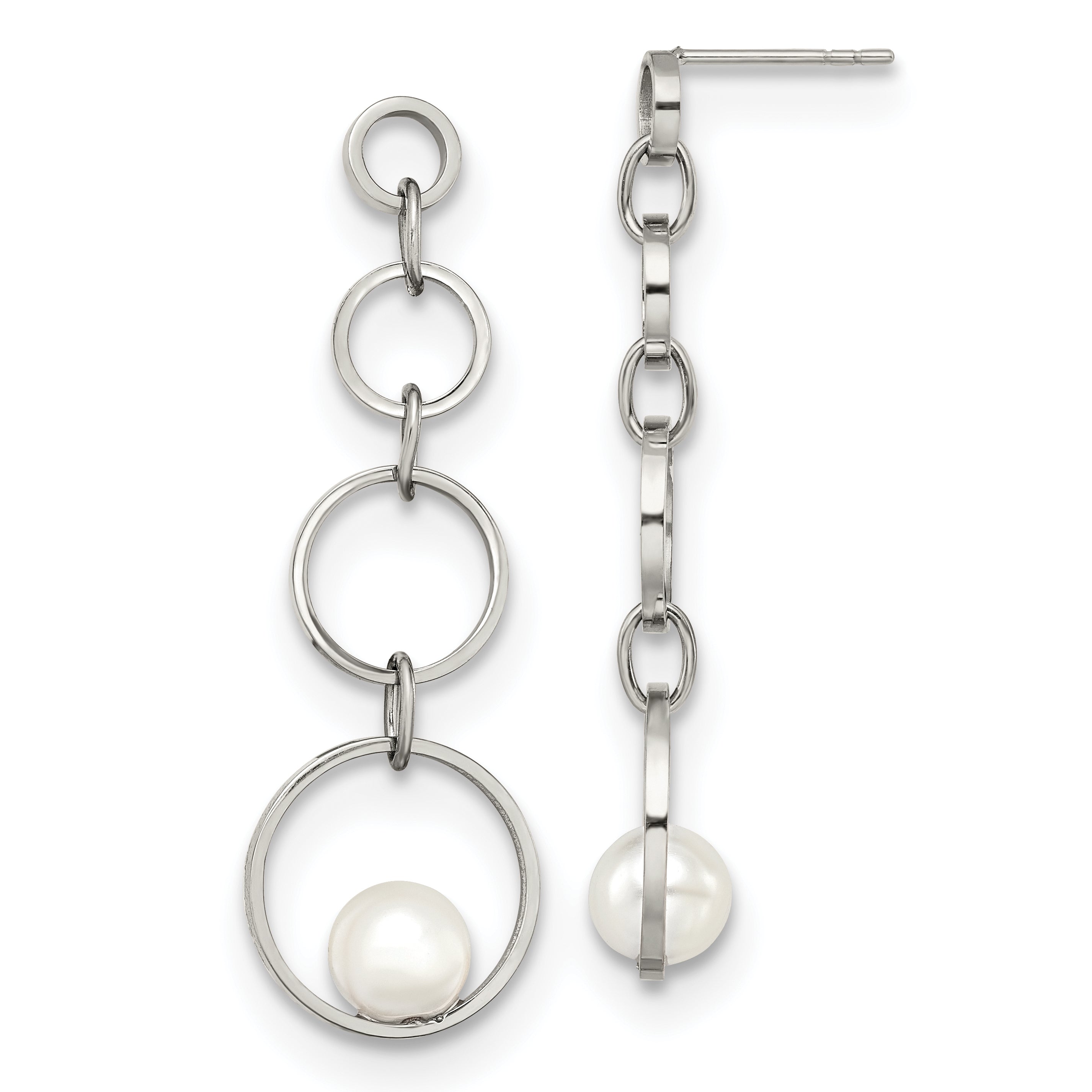 Stainless Steel Polished with Simulated Pearl Post Dangle Earrings