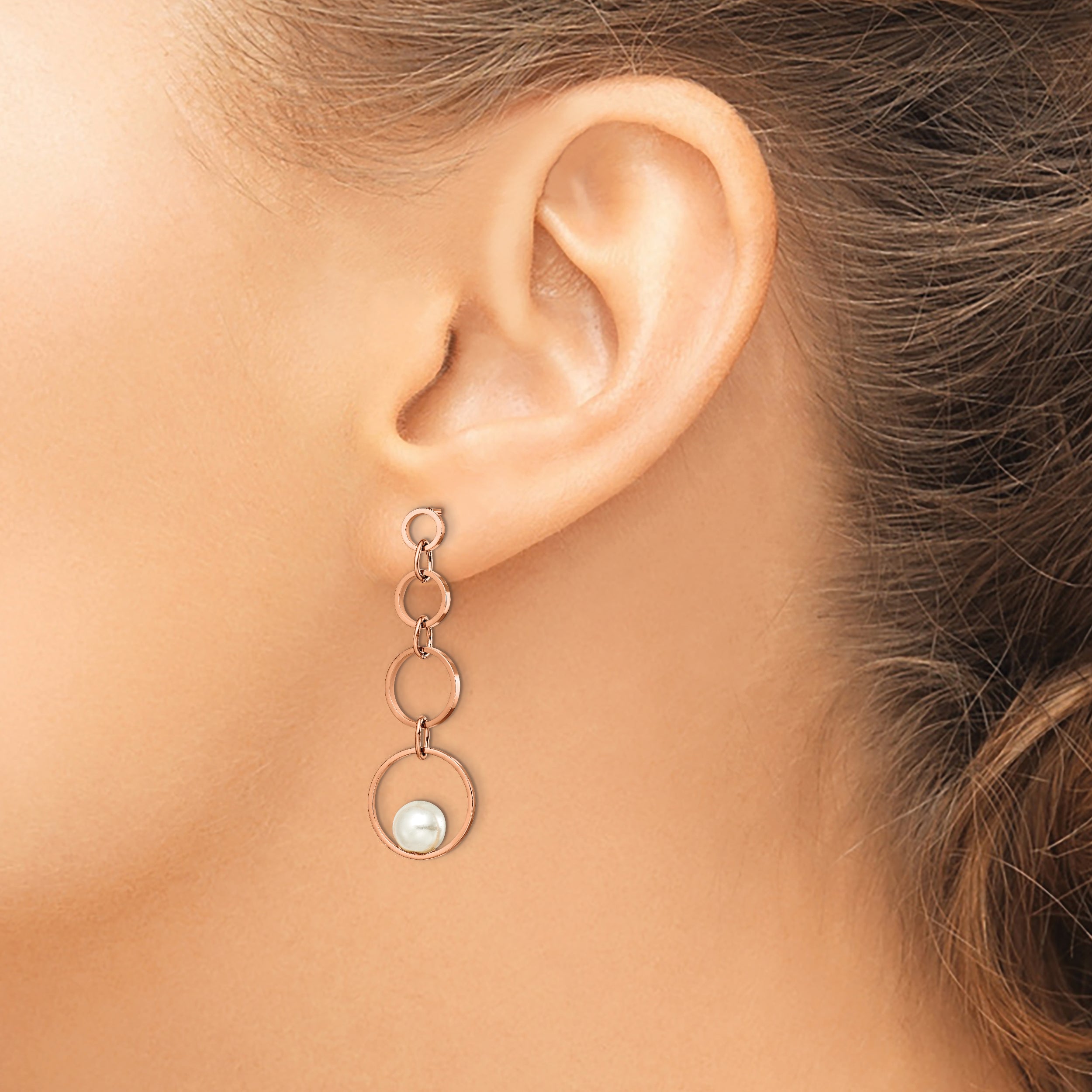 Stainless Steel Polished Rose IP-plated Simulated Pearl Post Dangle Earring