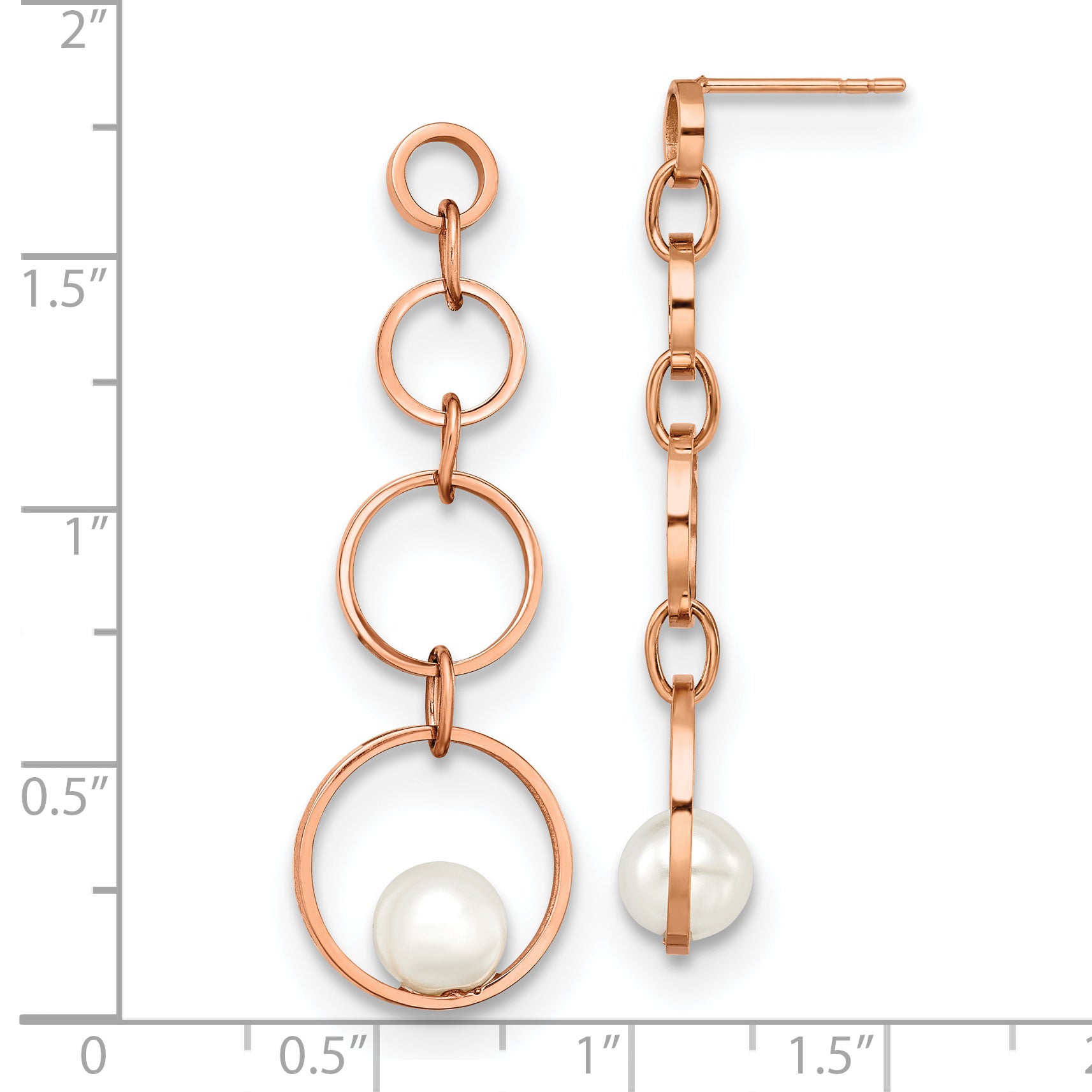 Stainless Steel Polished Rose IP-plated Simulated Pearl Post Dangle Earring