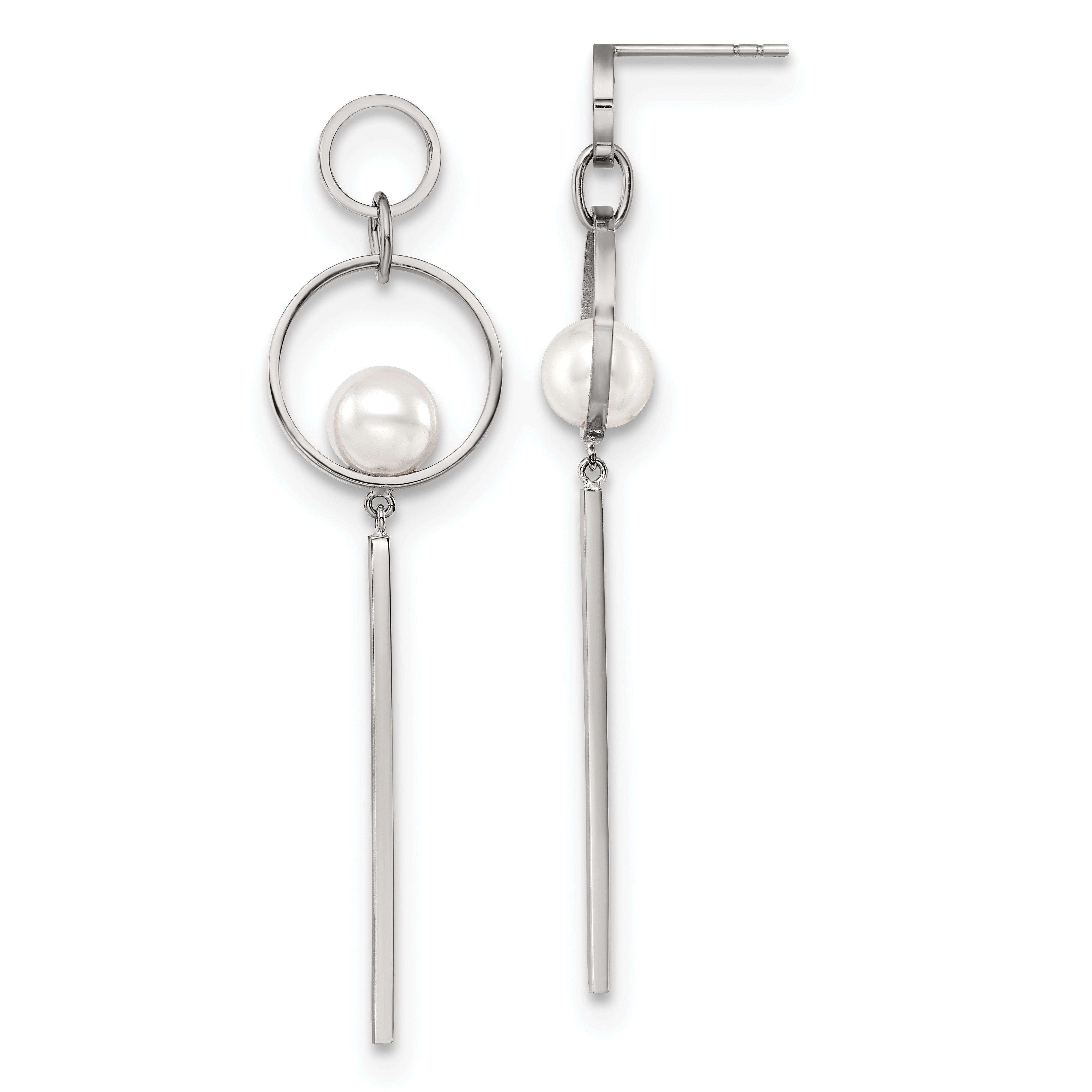 Chisel Stainless Steel Polished with Simulated Pearl Post Dangle Earrings