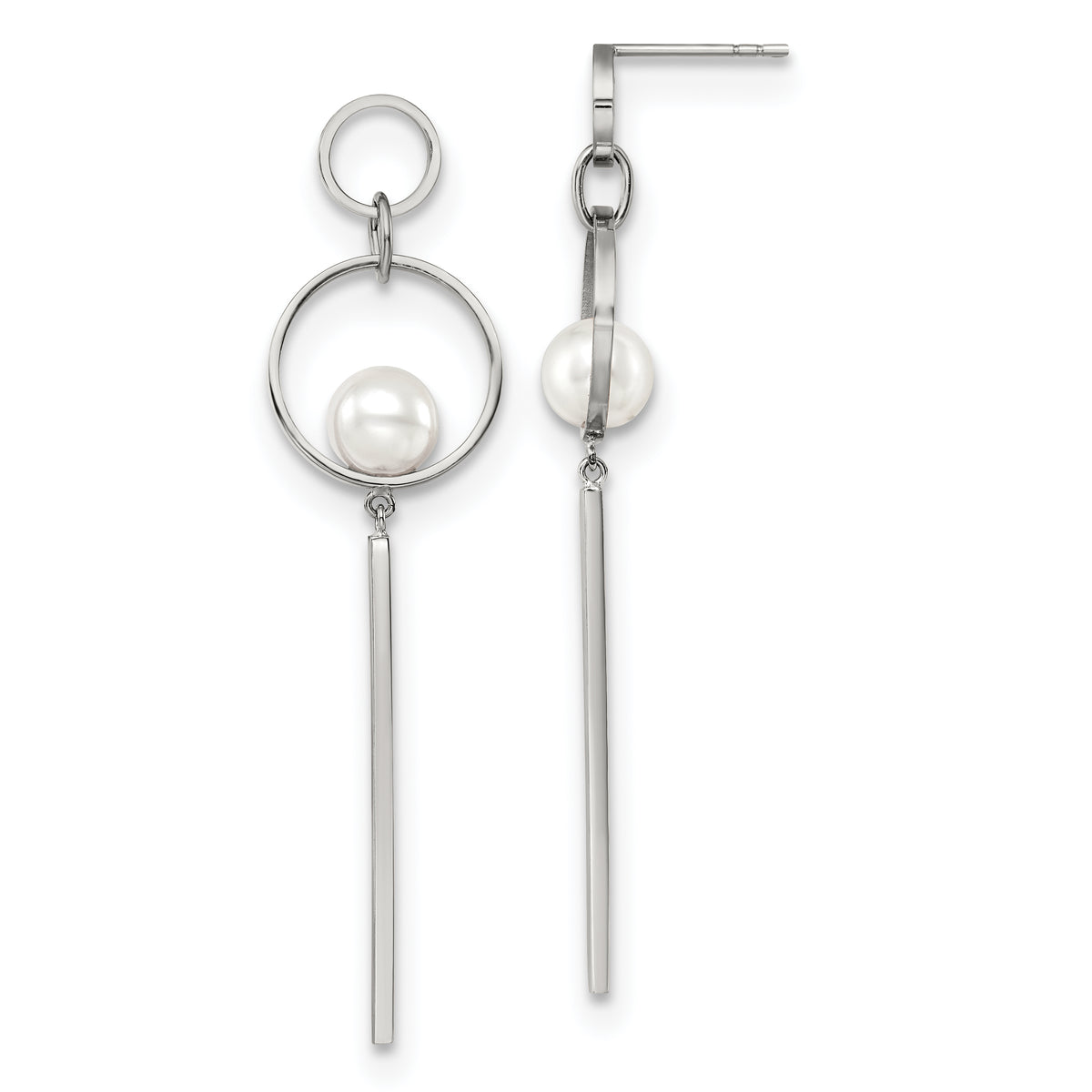 Chisel Stainless Steel Polished with Simulated Pearl Post Dangle Earrings