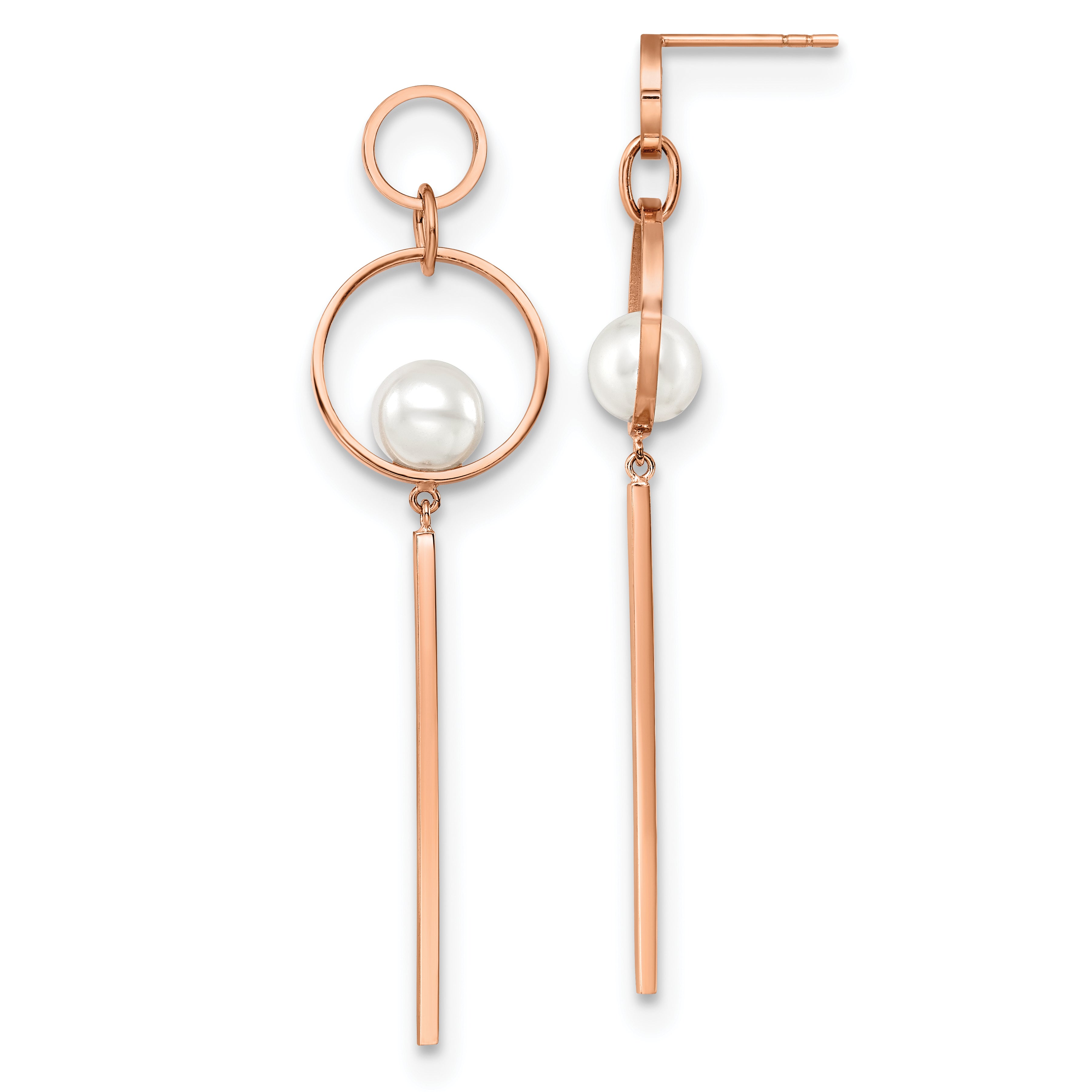 Chisel Stainless Steel Polished Rose IP-plated Simulated Pearl Post Dangle Earring