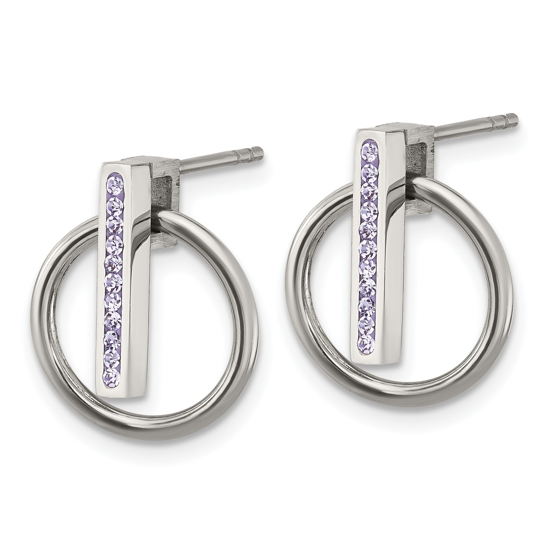 Chisel Stainless Steel Polished with Purple Preciosa Crystal Post Dangle Earrings