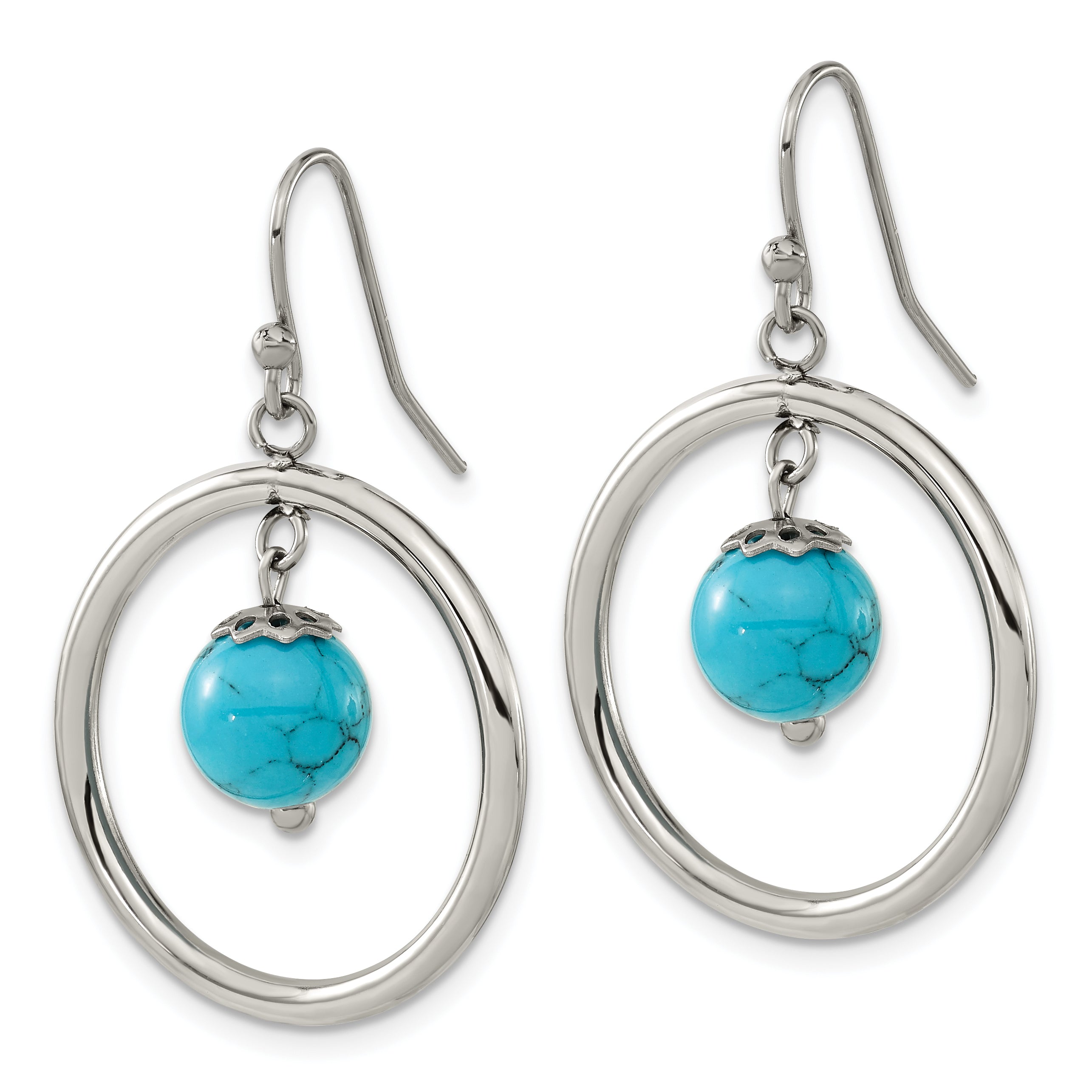 Chisel Stainless Steel Polished with Synthetic Turquoise Dangle Shepherd Hook Earrings