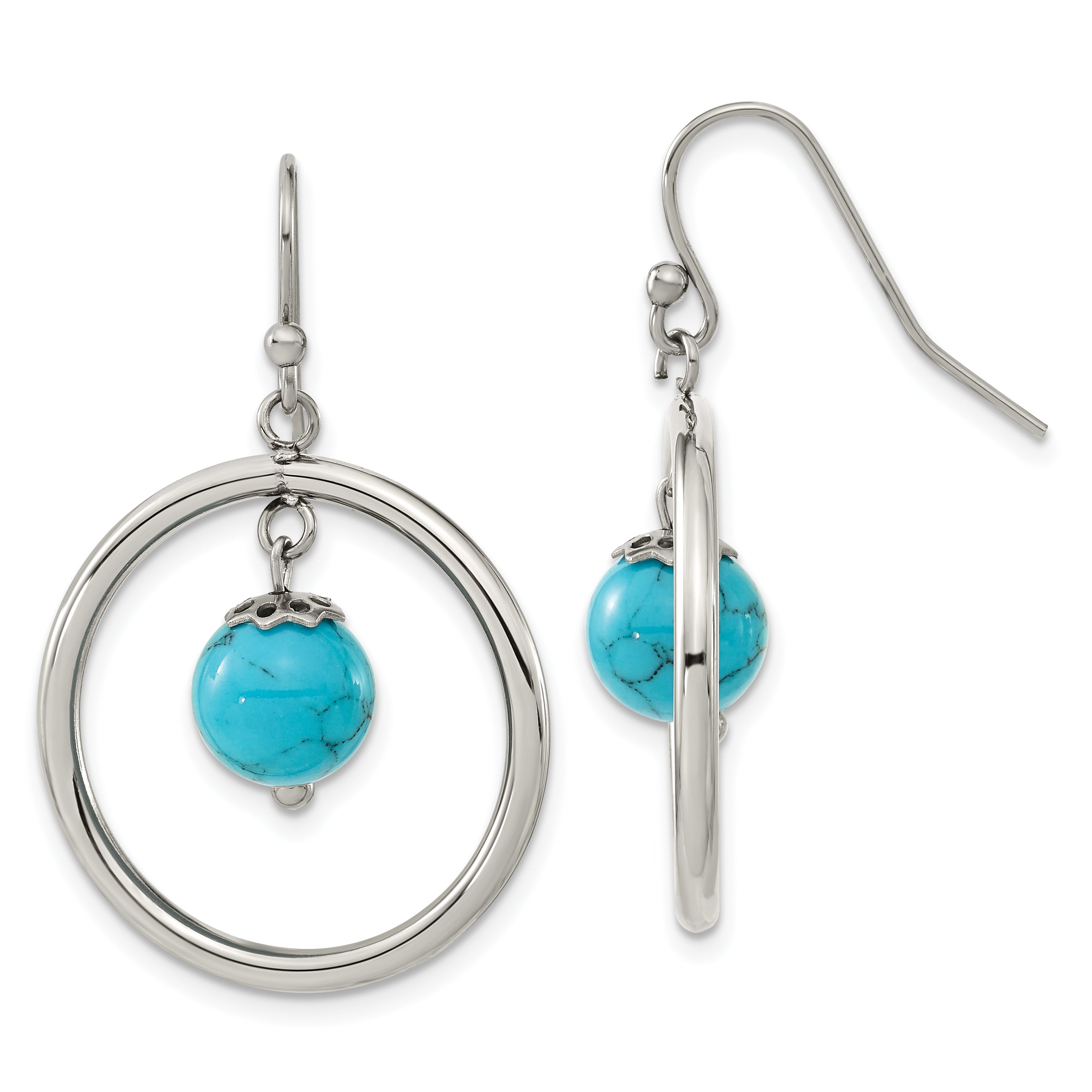 Chisel Stainless Steel Polished with Synthetic Turquoise Dangle Shepherd Hook Earrings