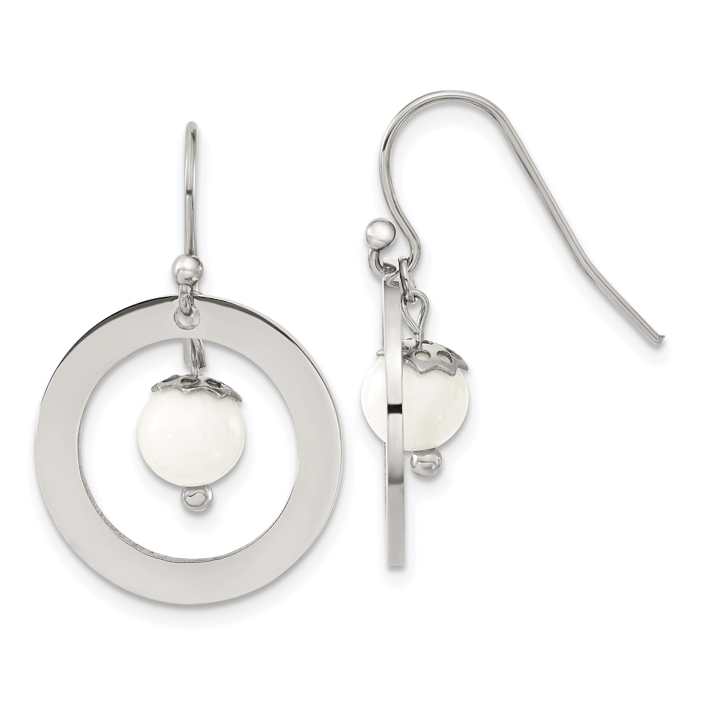 Chisel Stainless Steel Polished with Synthetic White Turquoise Dangle Shepherd Hook Earrings