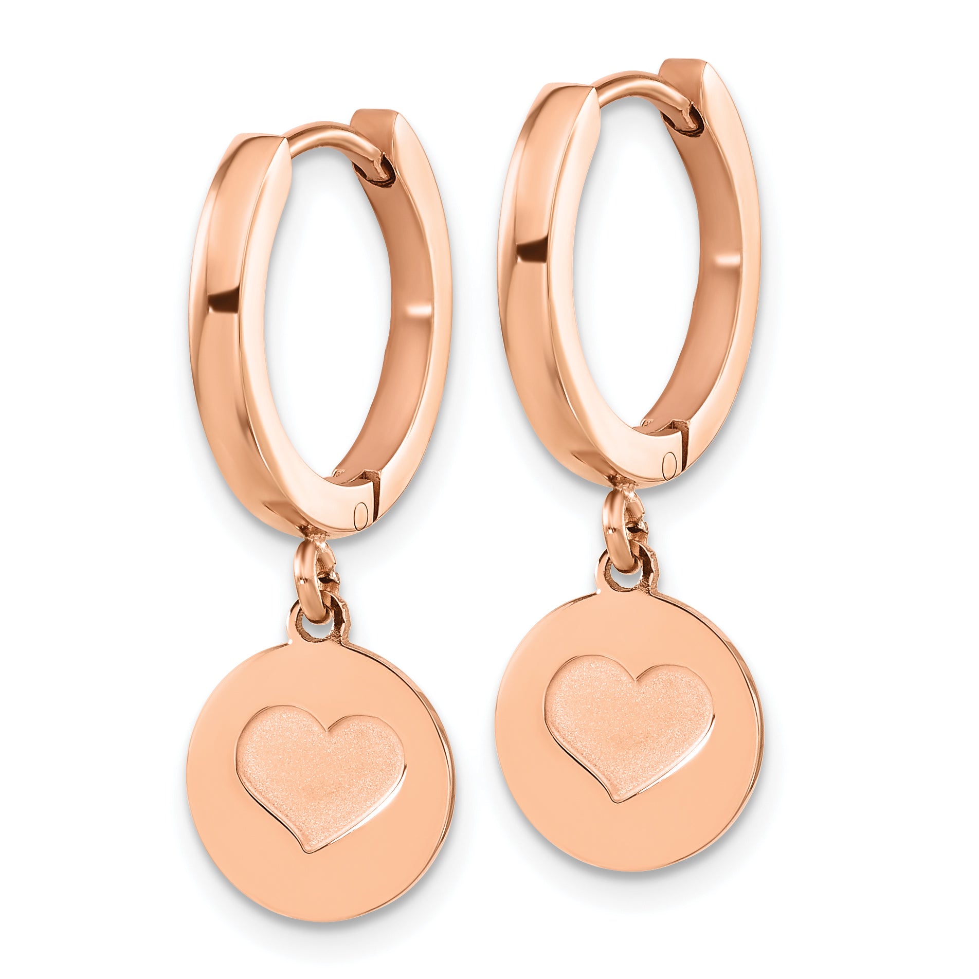 Chisel Stainless Steel Polished Rose IP-plated Heart Dangle Hoop Earrings