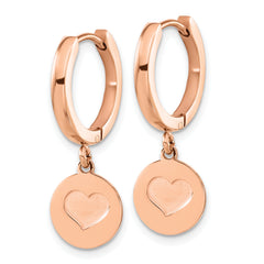 Chisel Stainless Steel Polished Rose IP-plated Heart Dangle Hoop Earrings