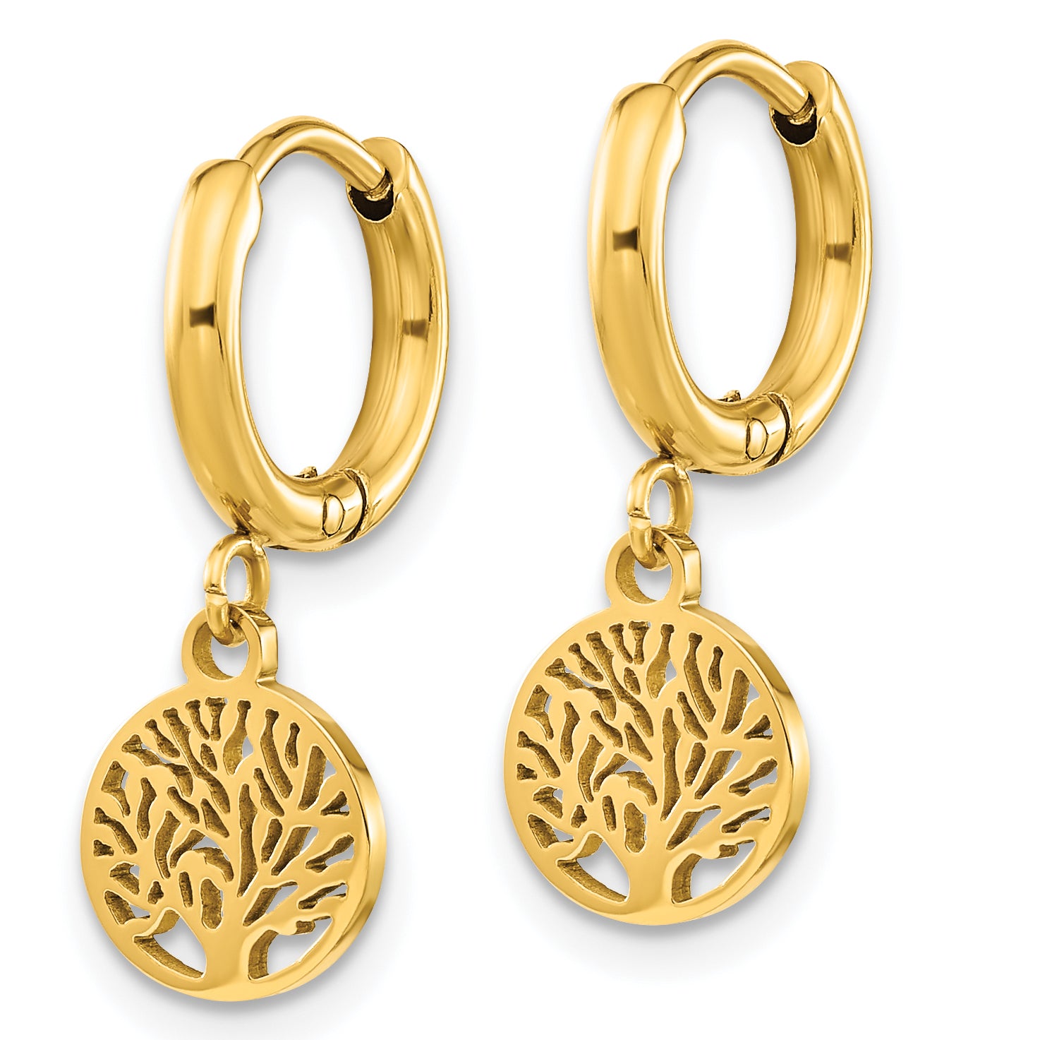 Chisel Stainless Steel Polished Yellow IP-plated Tree Dangle Hoop Earring