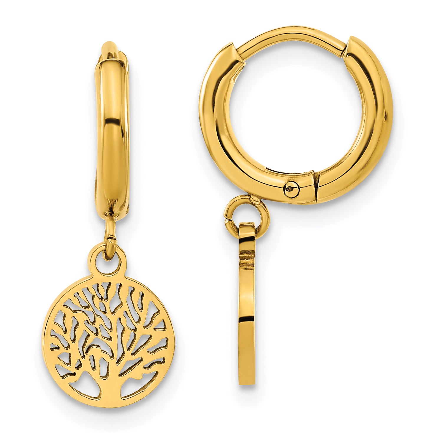 Chisel Stainless Steel Polished Yellow IP-plated Tree Dangle Hoop Earring