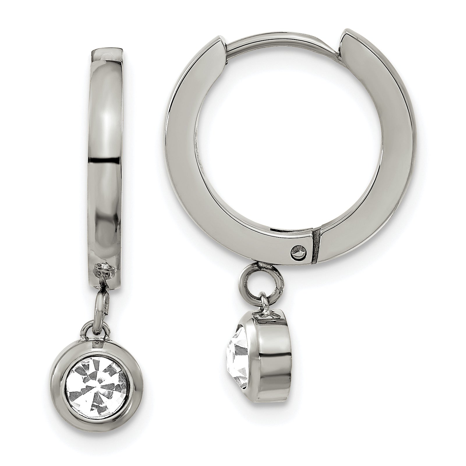 Chisel Stainless Steel Polished with CZ Dangle Hoop Earrings