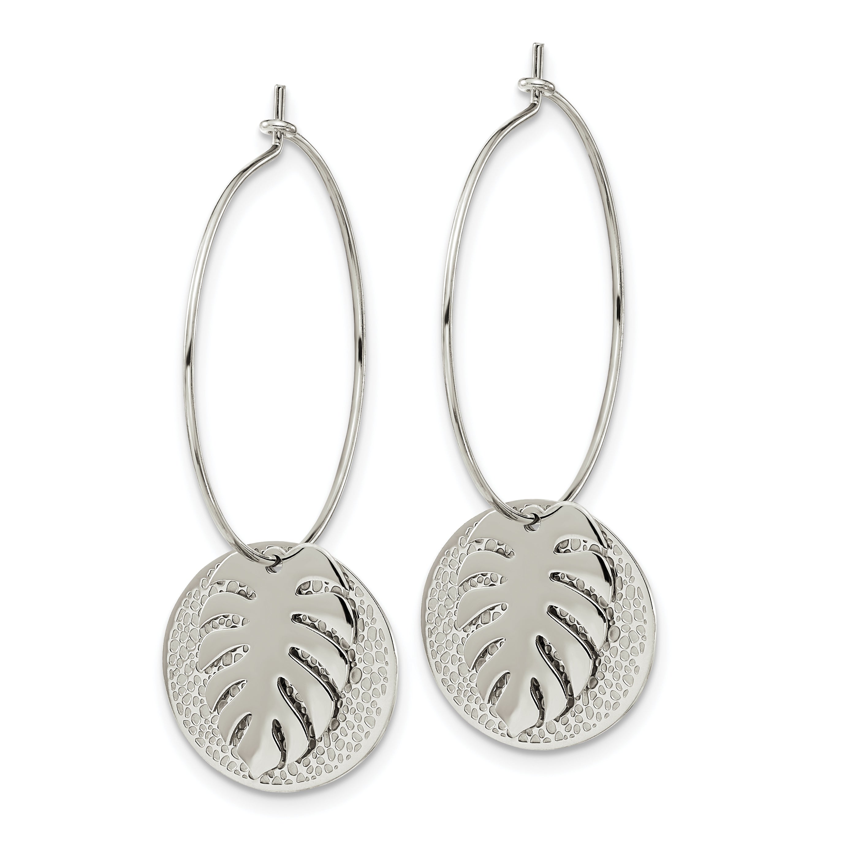 Chisel Stainless Steel Polished Textured Circle with Leaf Dangle Hoop Earrings