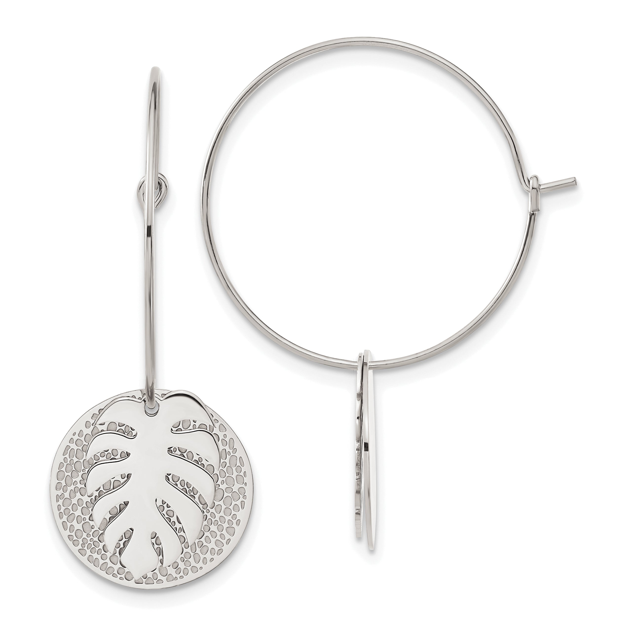 Chisel Stainless Steel Polished Textured Circle with Leaf Dangle Hoop Earrings