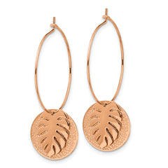 Chisel Stainless Steel Polished Textured Rose IP-plated Circle with Leaf Dangle Hoop Earrings