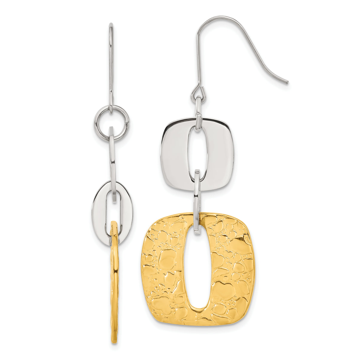 Stainless Steel Yellow IP-plated Textured Square Link Dangle Earrings