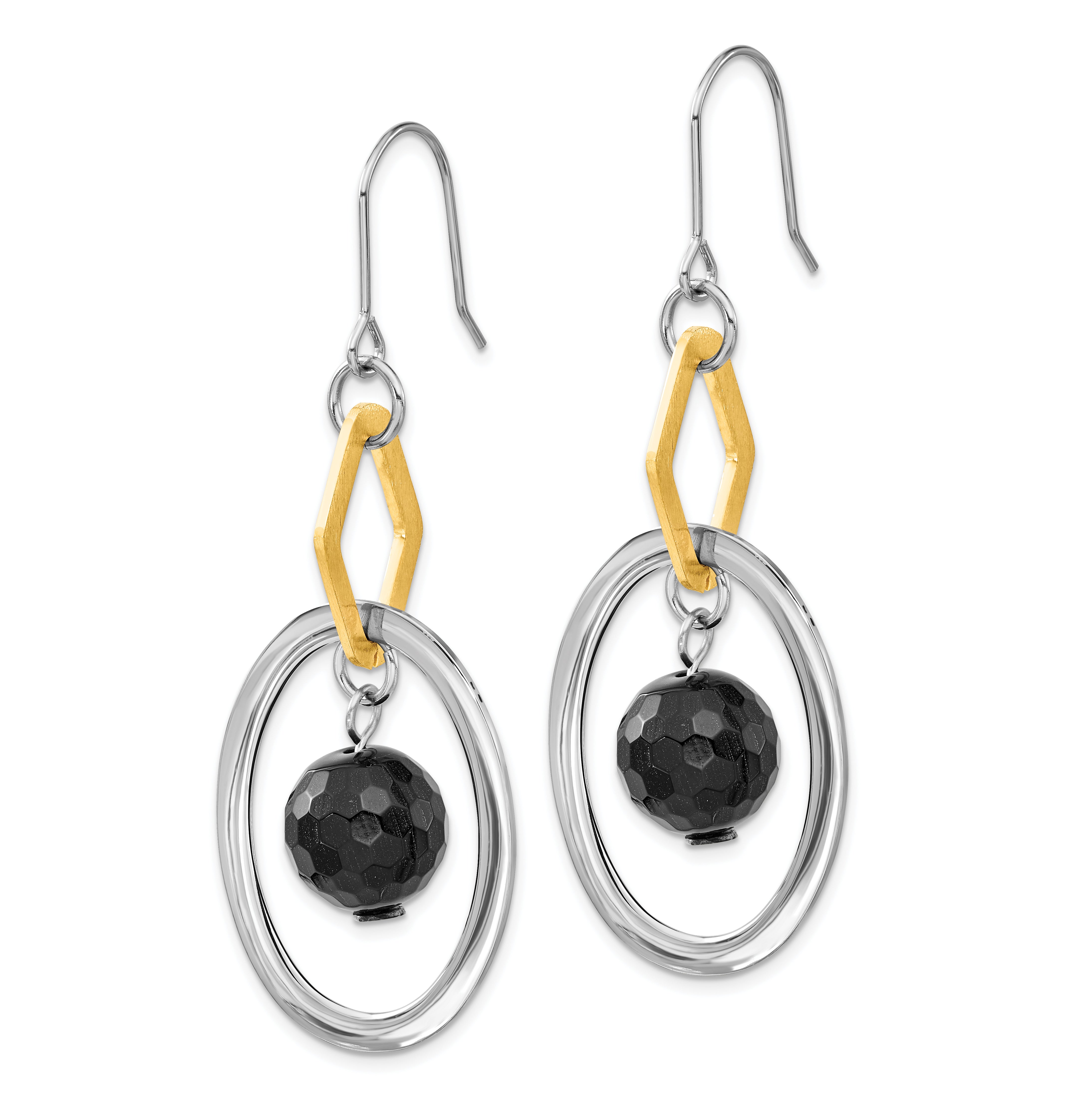 Stainless Steel & Yellow IP-plated Polished & Brushed Onyx Dangle Earrings