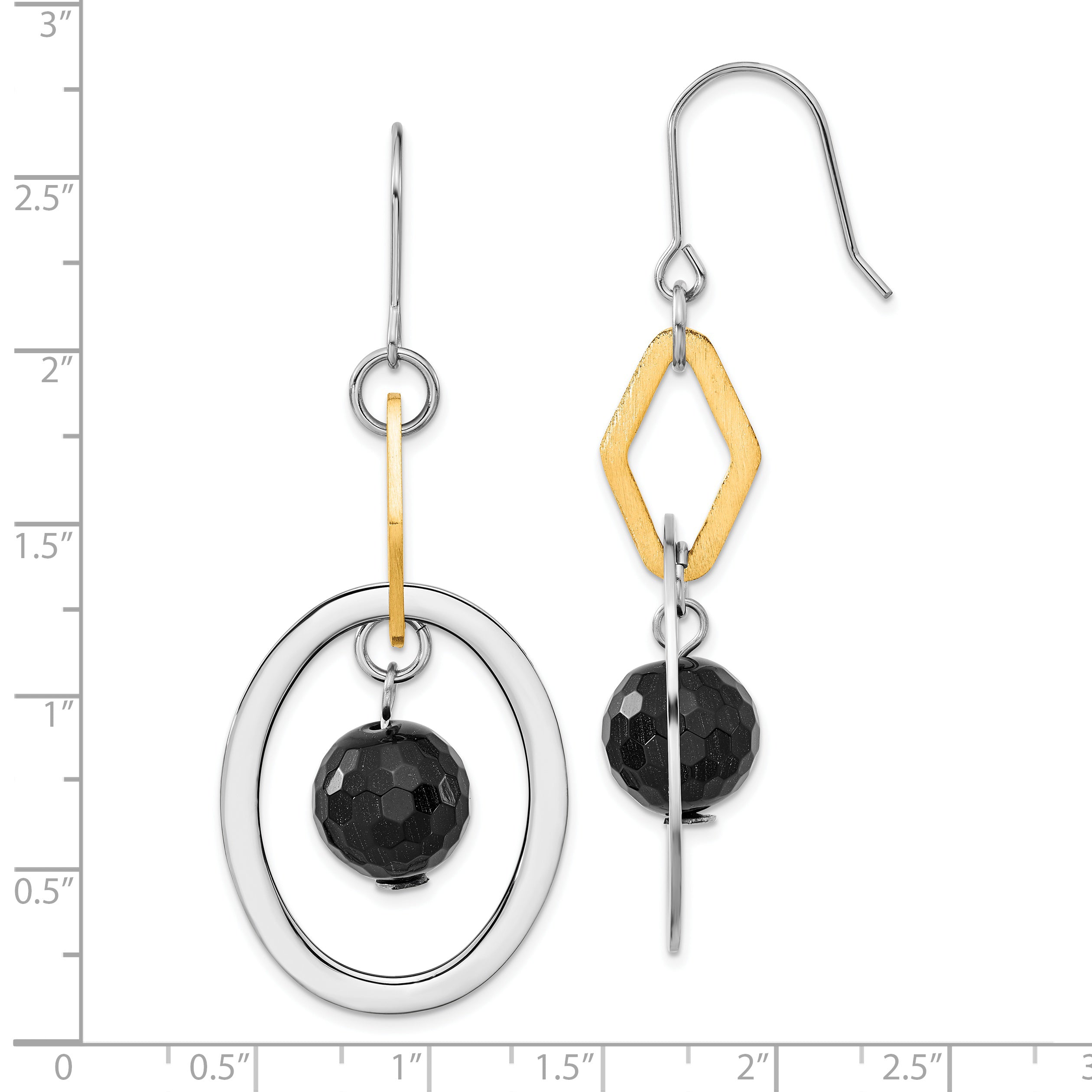 Stainless Steel & Yellow IP-plated Polished & Brushed Onyx Dangle Earrings