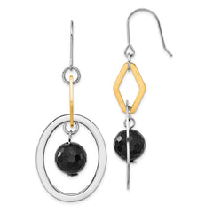 Stainless Steel & Yellow IP-plated Polished & Brushed Onyx Dangle Earrings