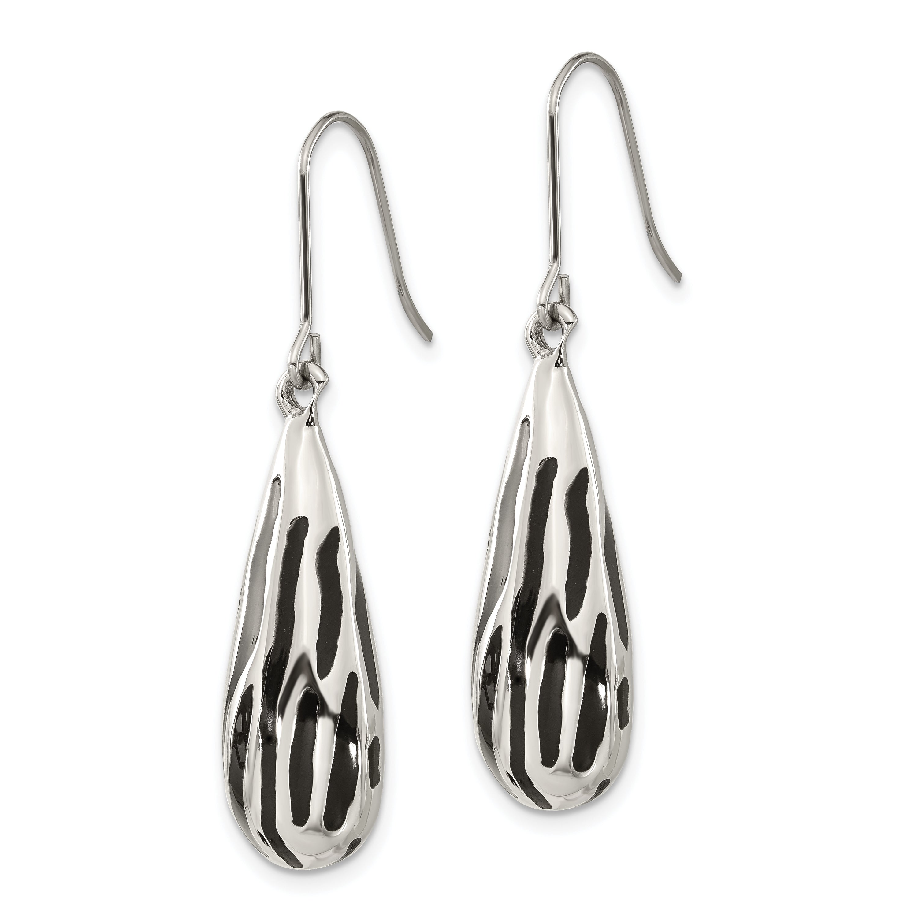 Stainless Steel Black Resin Striped Polished Teardrop Dangle Earrings