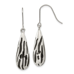 Stainless Steel Black Resin Striped Polished Teardrop Dangle Earrings