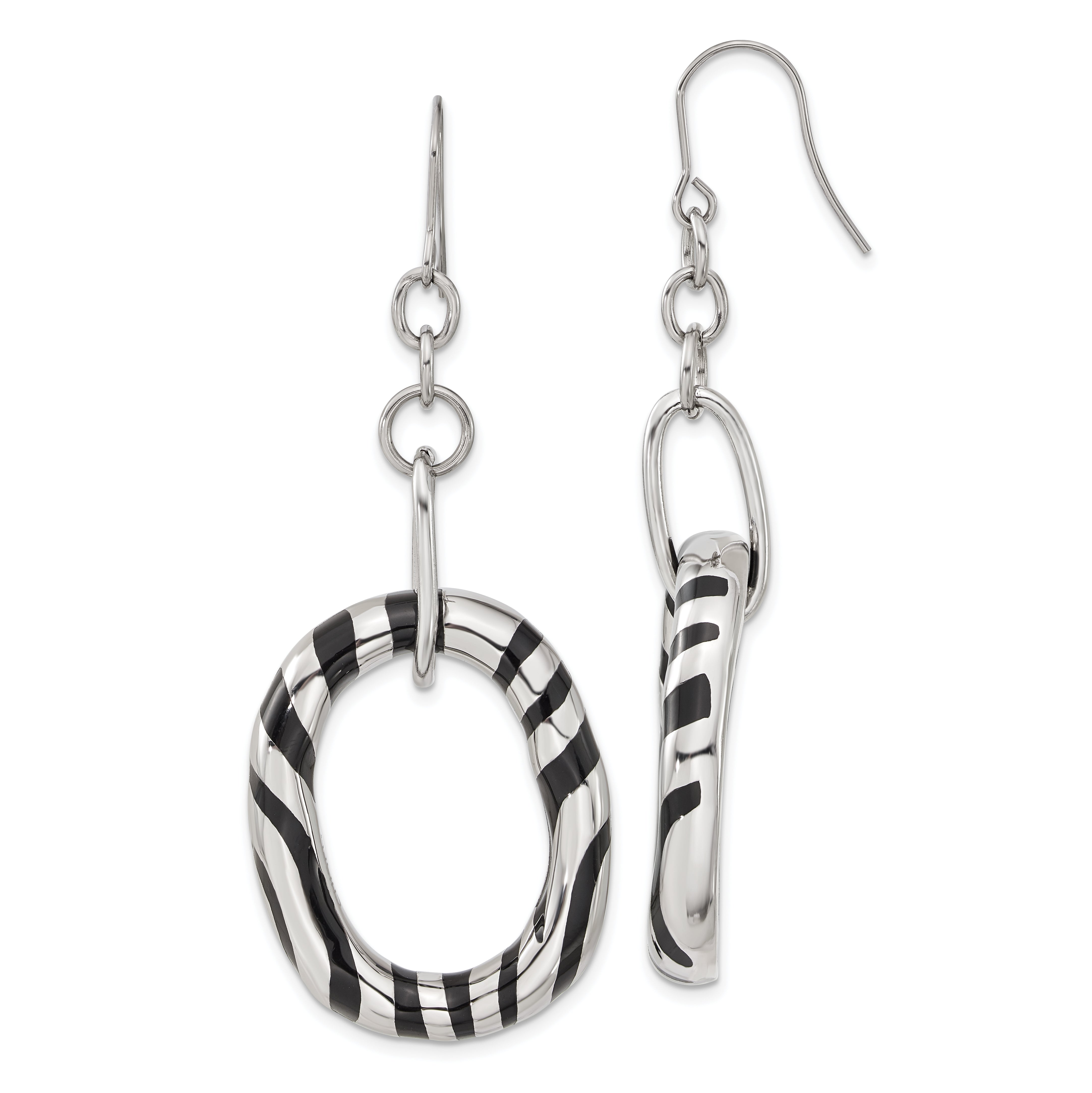 Stainless Steel Black Enamel Striped Oval Dangle Earrings