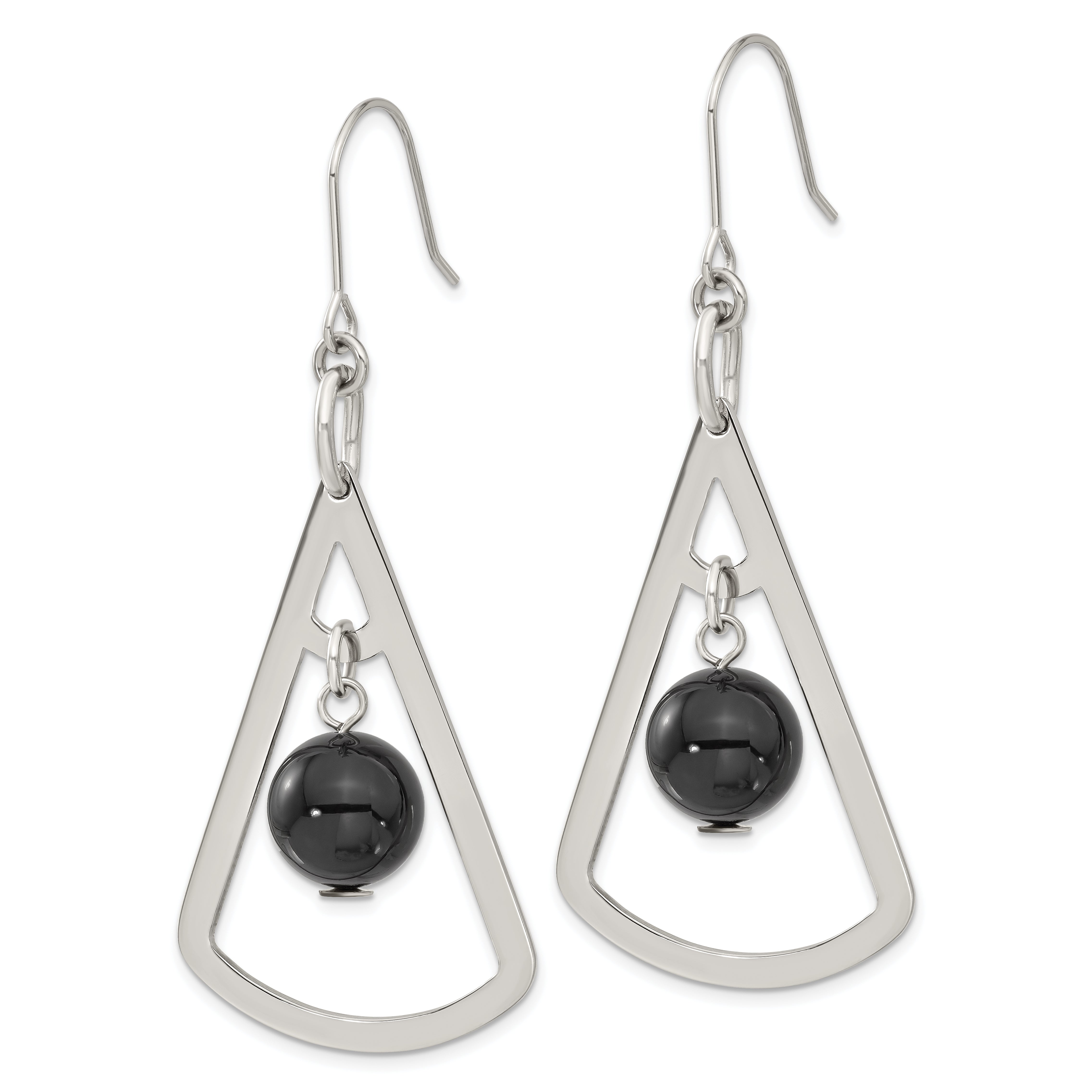 Stainless Steel Triangle & Onyx Dangle Shepherd Hook Earrings